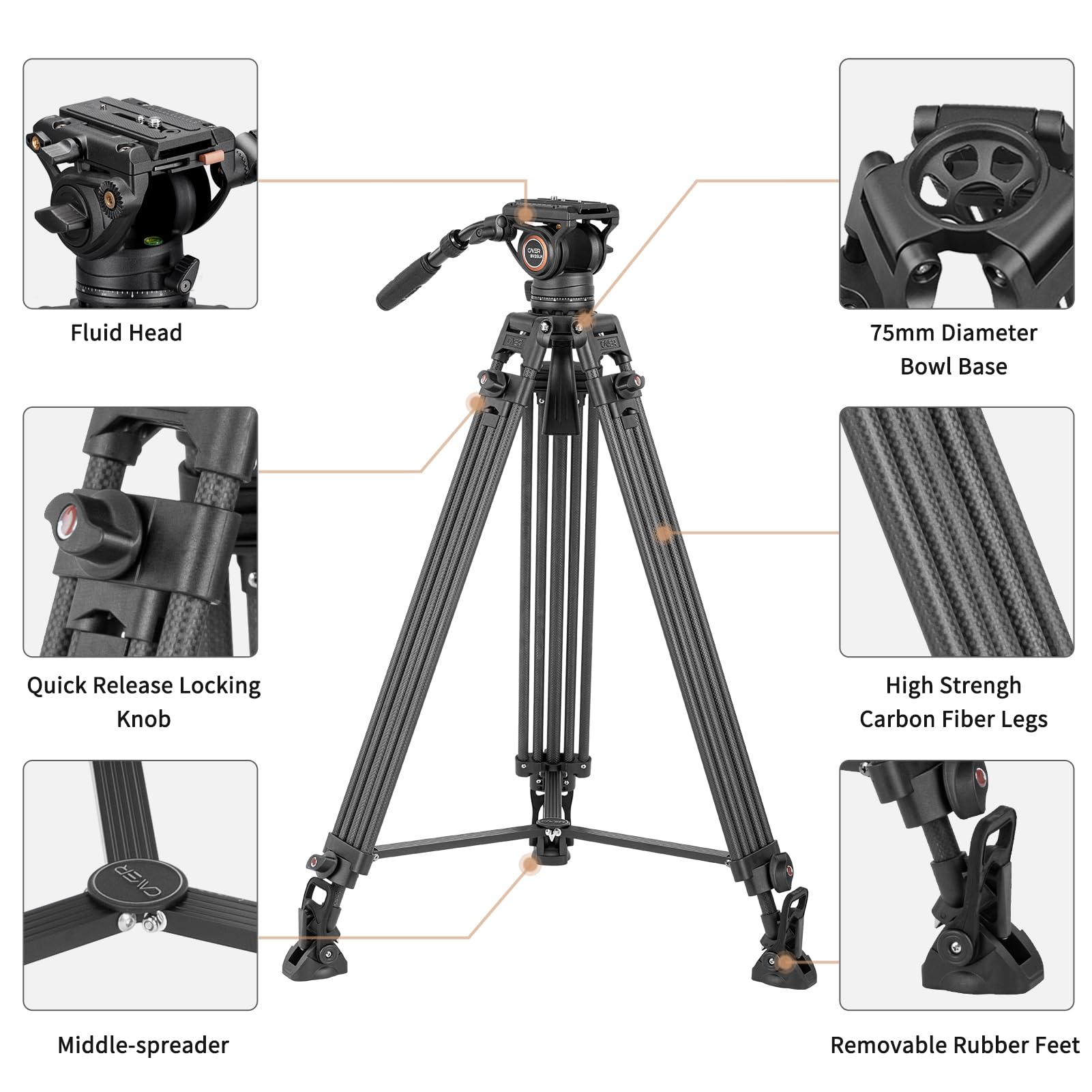 Cayer Bv25Lh Video Tripod System, 74 Inch Carbon Fiber Professional Heavy Duty Camera Tripod Kit, Twin Tube Tripod Leg With Fluid Drag Head, 2 Pan Bar Handles, Max Loading 17.6Lb