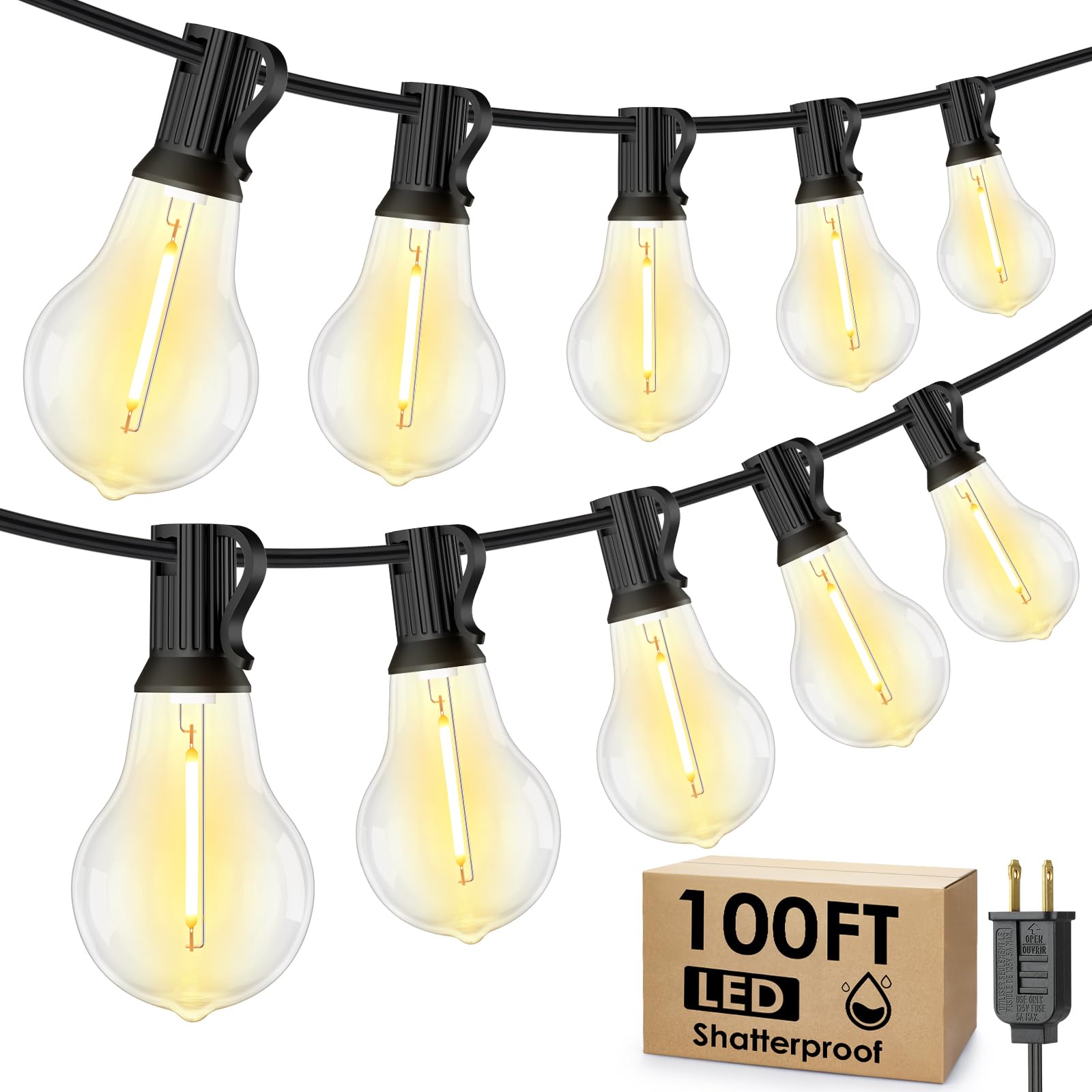 Larkvue 100Ft Led Outdoor String Lights, Waterproof Patio Lights With 42 Shatterproof Dimmable 2700K A39 Bulbs Hanging Lighting For Outside Backyard