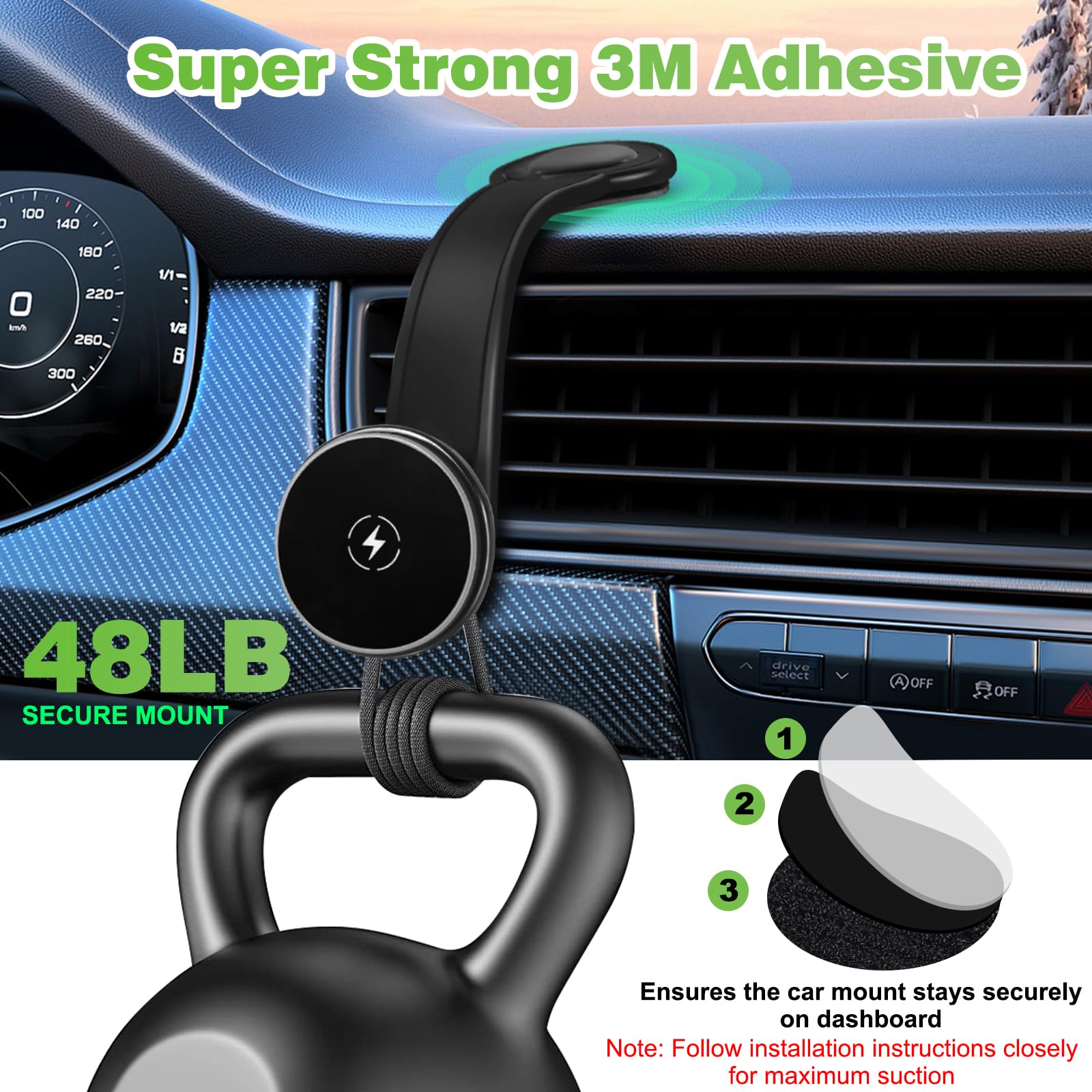 Degum  Magnetic Wireless Car Charger, 15W Fast Charging For Magsafe Car Mount Charger With 360° Adjustable Arm, Relocatable Cell Phone Holder For Iphone, Samsung Galaxy, Google Pixel,  For Men