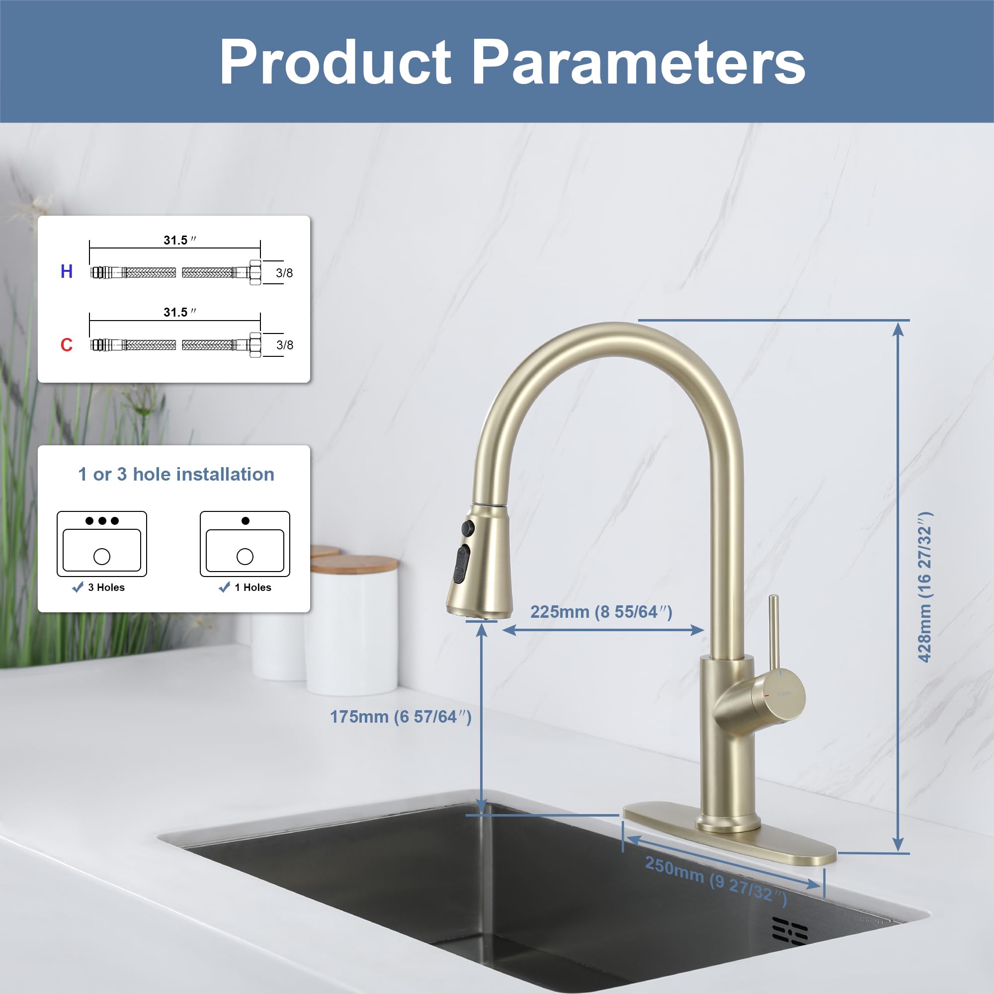 Indare Kitchen Faucet With Pull Down Sprayer Brushed Gold, High Arc Single Handle Kitchen Sink Faucet With Deck Plate, Stainless Steel Faucet For Kitchen Sink For Farmhouse Laundry Rv