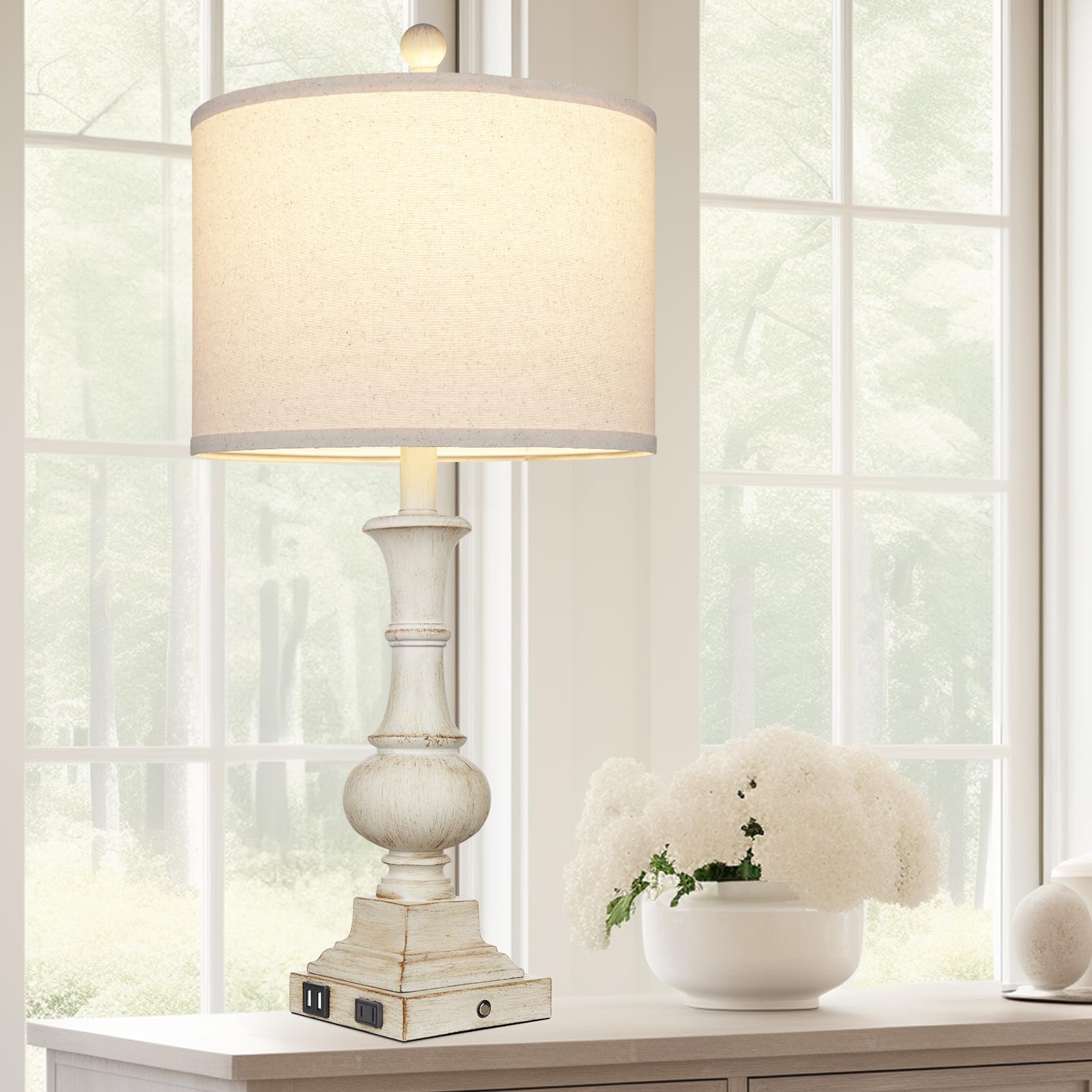 Lolikit 26" Farmhouse Table Lamp, Vintage Rustic Touch Control Bedside Lamp With 2 Usb Ports & Ac Outlet, Boho Resin 3-Way Dimmable Nightstand Lamp Linen Fabric Shade For Living Room Bedroom End Table White