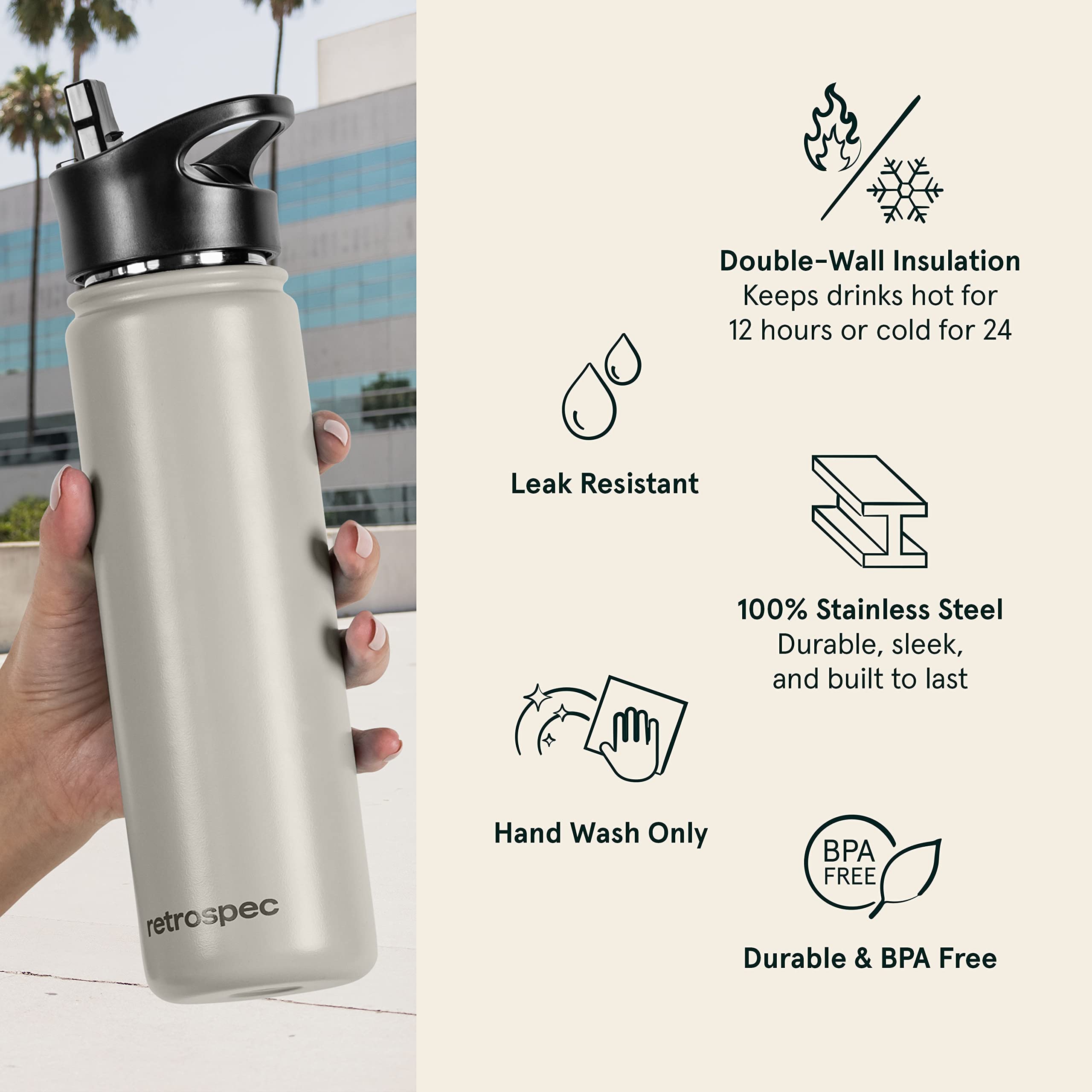 Retrospec Alder Insulated Water Bottle With Straw Lid & Handle Cap - Stainless Steel Wide