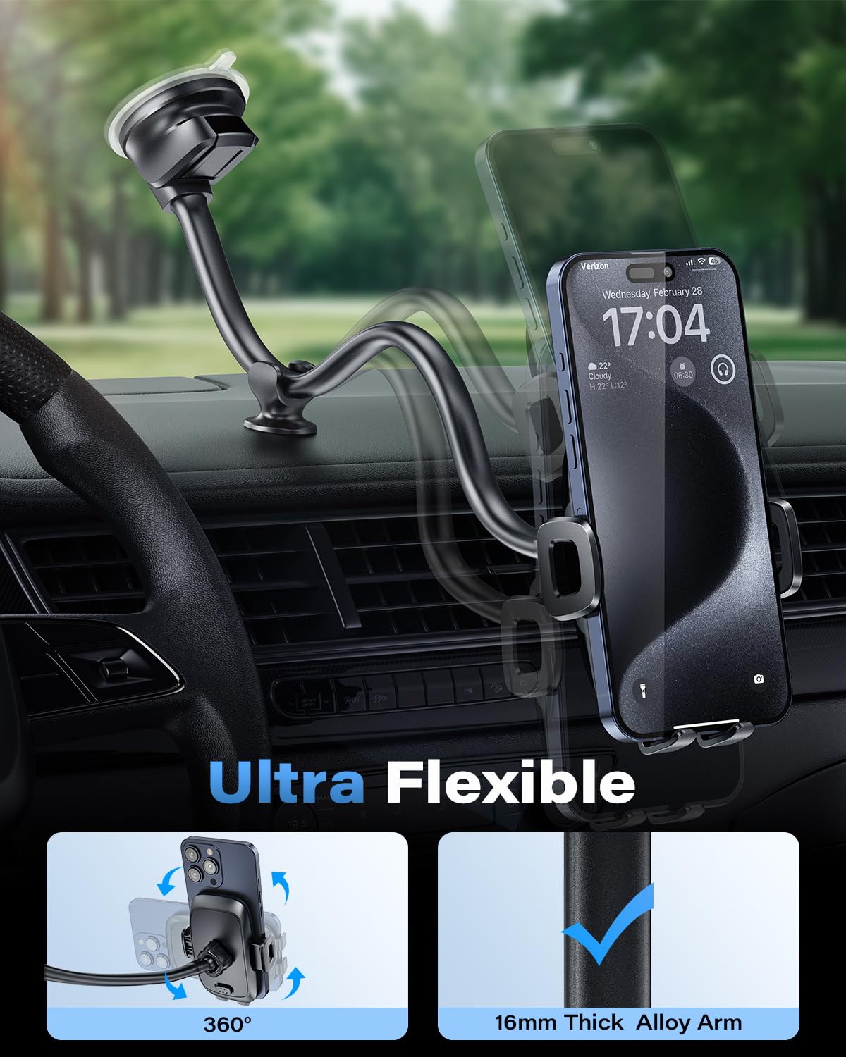 1Zero Solid Car Truck Phone Mount Holder With 14-Inch Gooseneck Long Arm, Windshield Window Mobile Holders W/Industrial-Strength Suction Cup, Anti-Shake Stabilizer Compatible All Cell Phones Iphone