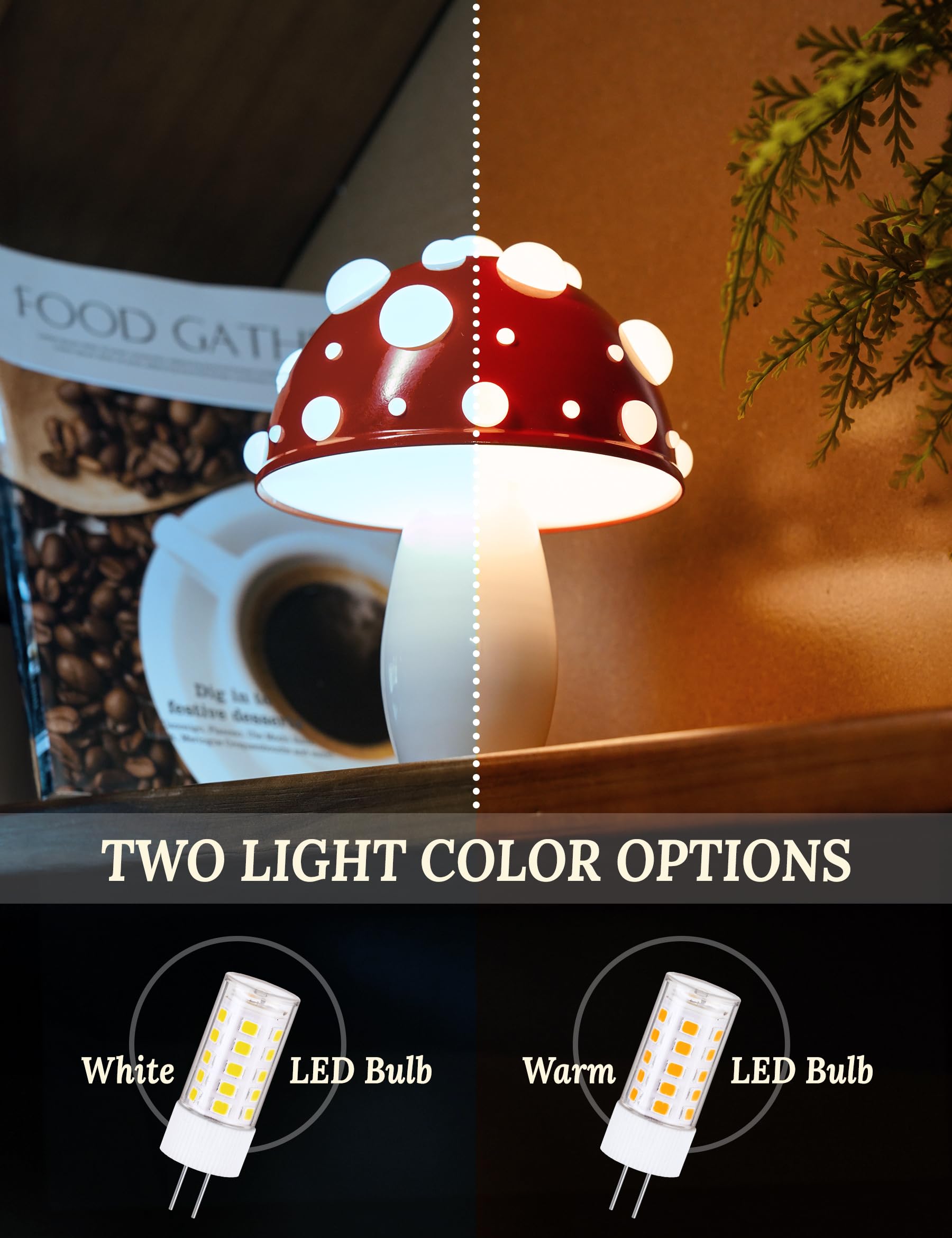 Nihome Mushroom Led Table Lamp, Adjustable Warm & White Lighting Child-Safe Touch-Controlled Brightness For Bedroom, Living Room & Office Decor, Includes 2 Bulbs For Customizable Ambiance (White Base)