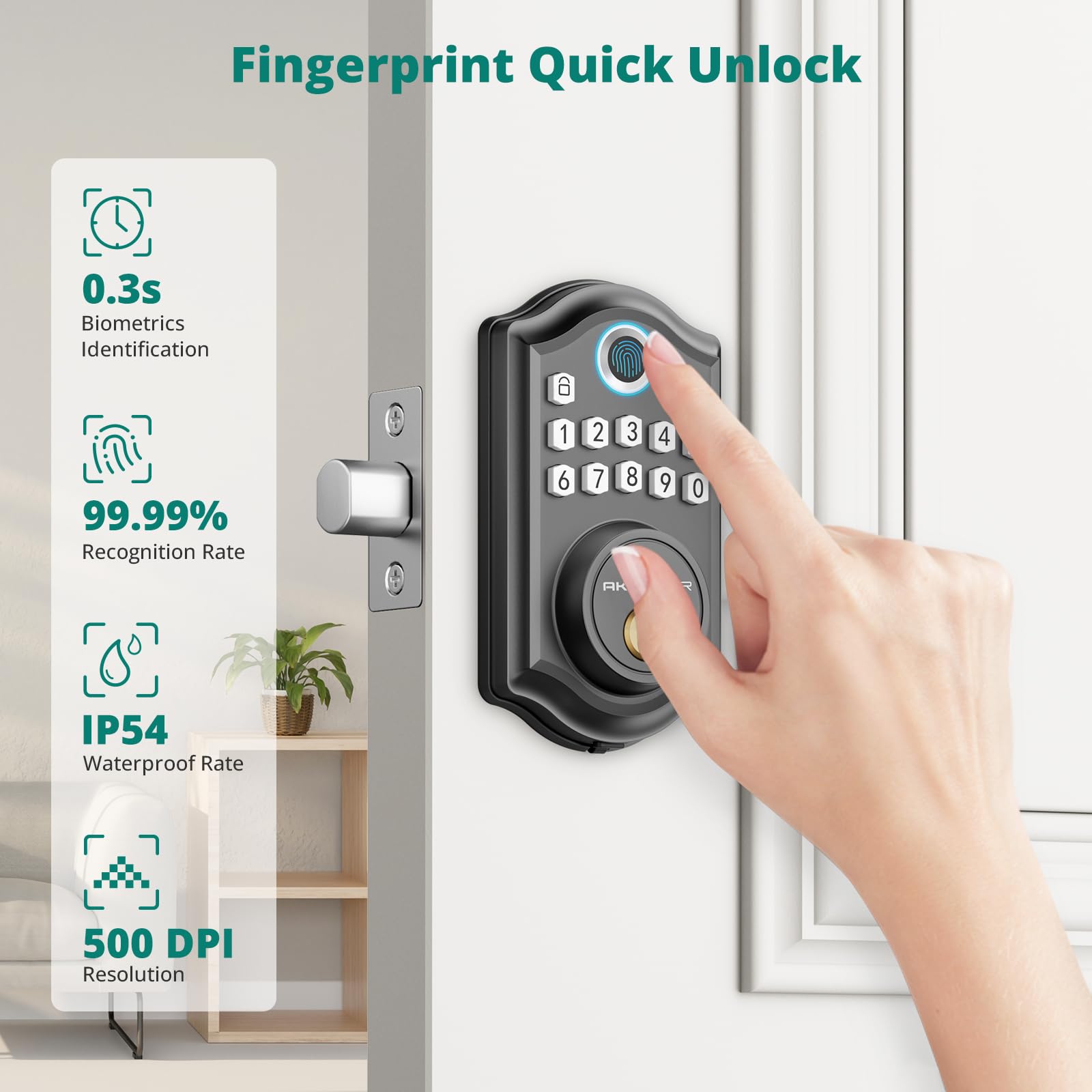 Akagear Ds10 Keyless Entry Door Lock With Fingerprint, Electronic Keypad, 2 Keys, Auto-Lock & One Touch Locking, Easy Installation, Matte Black