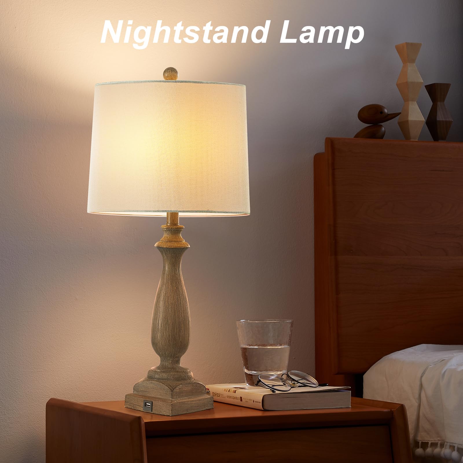 Hightry Rustic Bedside Lamps Set Of 2, 26.6" Table Lamp With Usb Port, 3 Way Dimmable Farmhouse Nightstand Resin Lamp For Bedroom Living Room Office