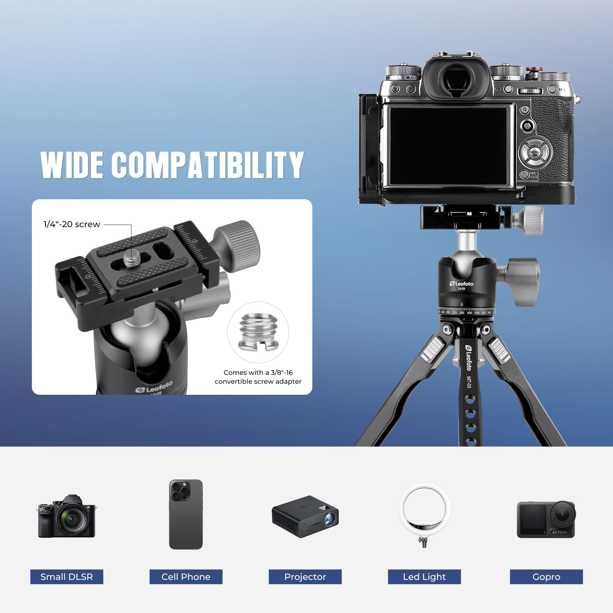 Leofoto Mt-03 Tabletop Tripod, Aluminum Mini Tripod, 2 Leg Sections, Foldable Leg, Portable And Compact, 1/4" Mounting Stud And Accessories Thread (Mt-03+Lh-25)