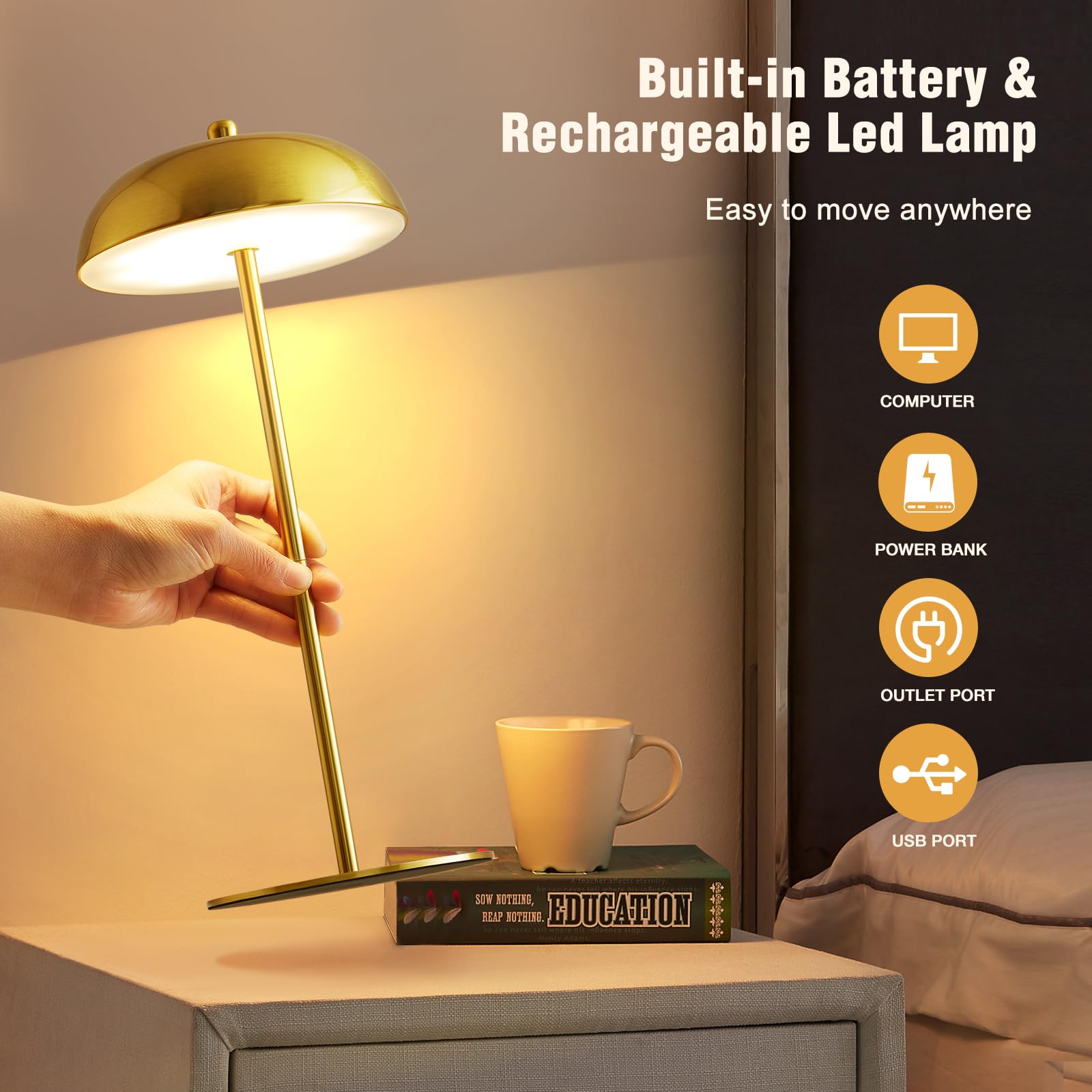 Ejiaxin Cordless Table Lamp Rechargeable - Battery Operated Adjustable Height Led Desk Lamp 3 Way Dimmable Touch Nightstand Reading Lamp - Small Bedside Table Lamp For Dorm Home Bedroom Office Gold