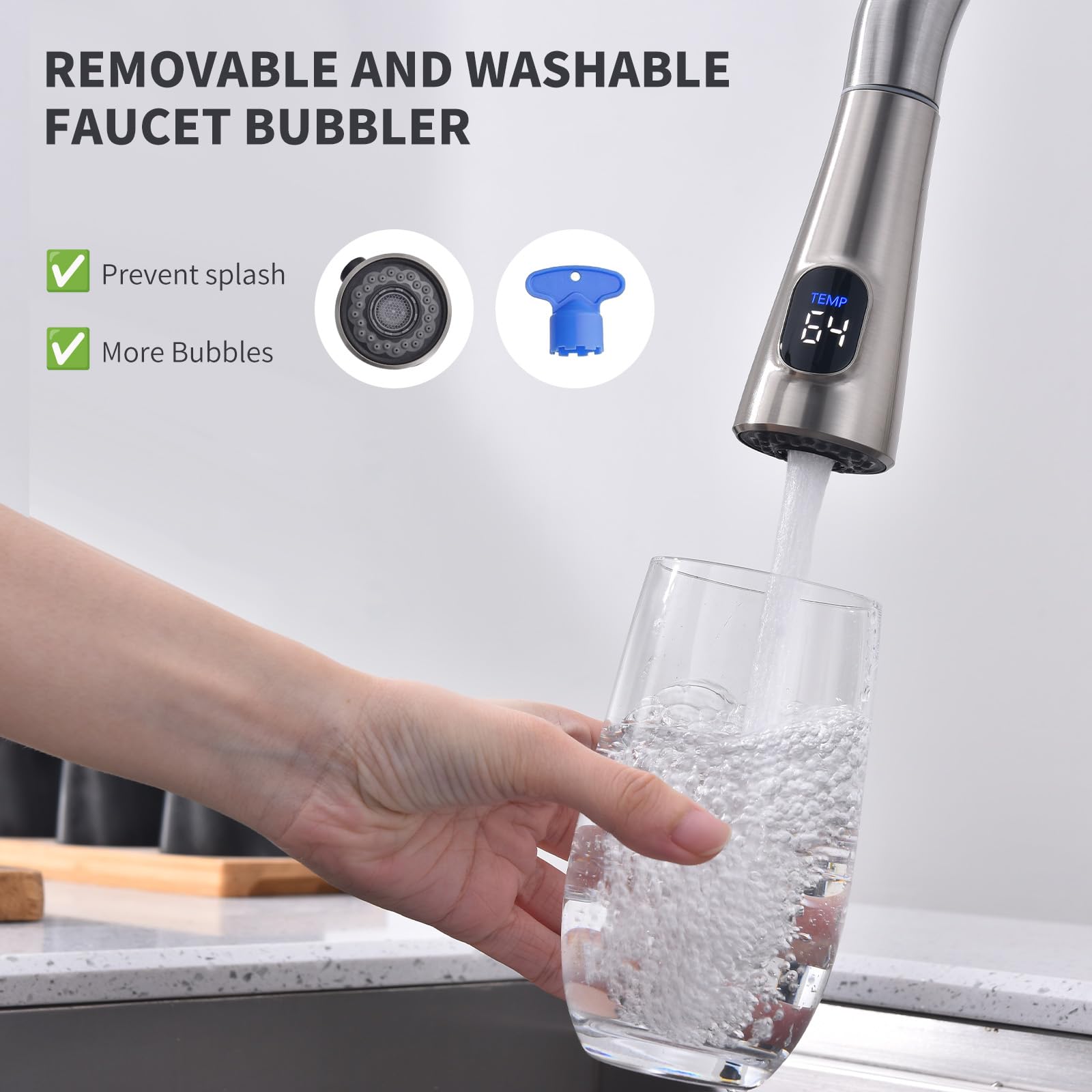 Homelody Pull Down Kitchen Faucet Head Replacement, Led Temperature Display Sink Spray Nozzle With 12 Adapters, Kitchen Sink Faucet Head Brushed Nickel