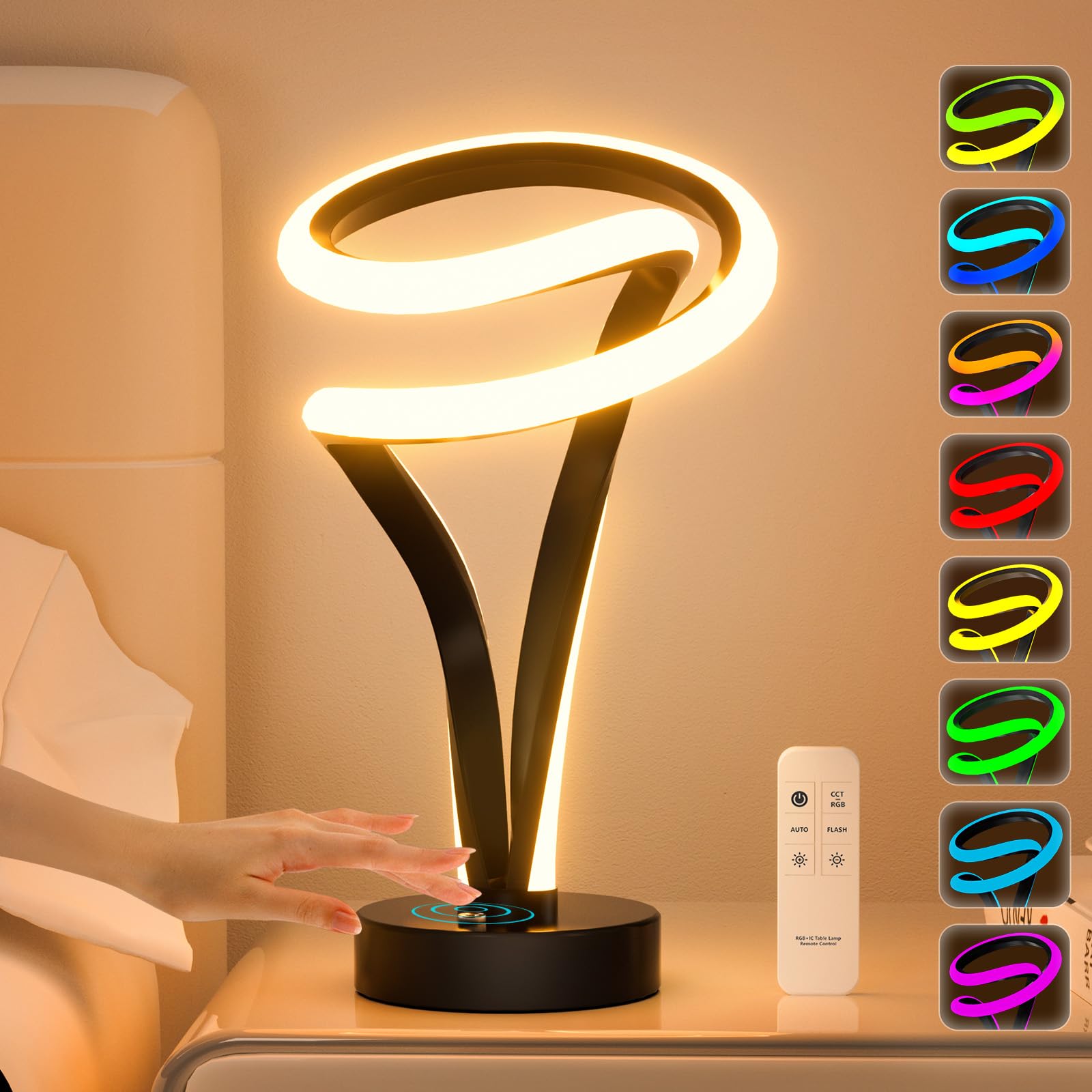 Putwish Spiral Rgb Table Lamp For Nightstand, 12 Colors Changing Lamp With Remote & Touch Control, Small Modern Led Lamp Memory Function For Bedroom, Living Room