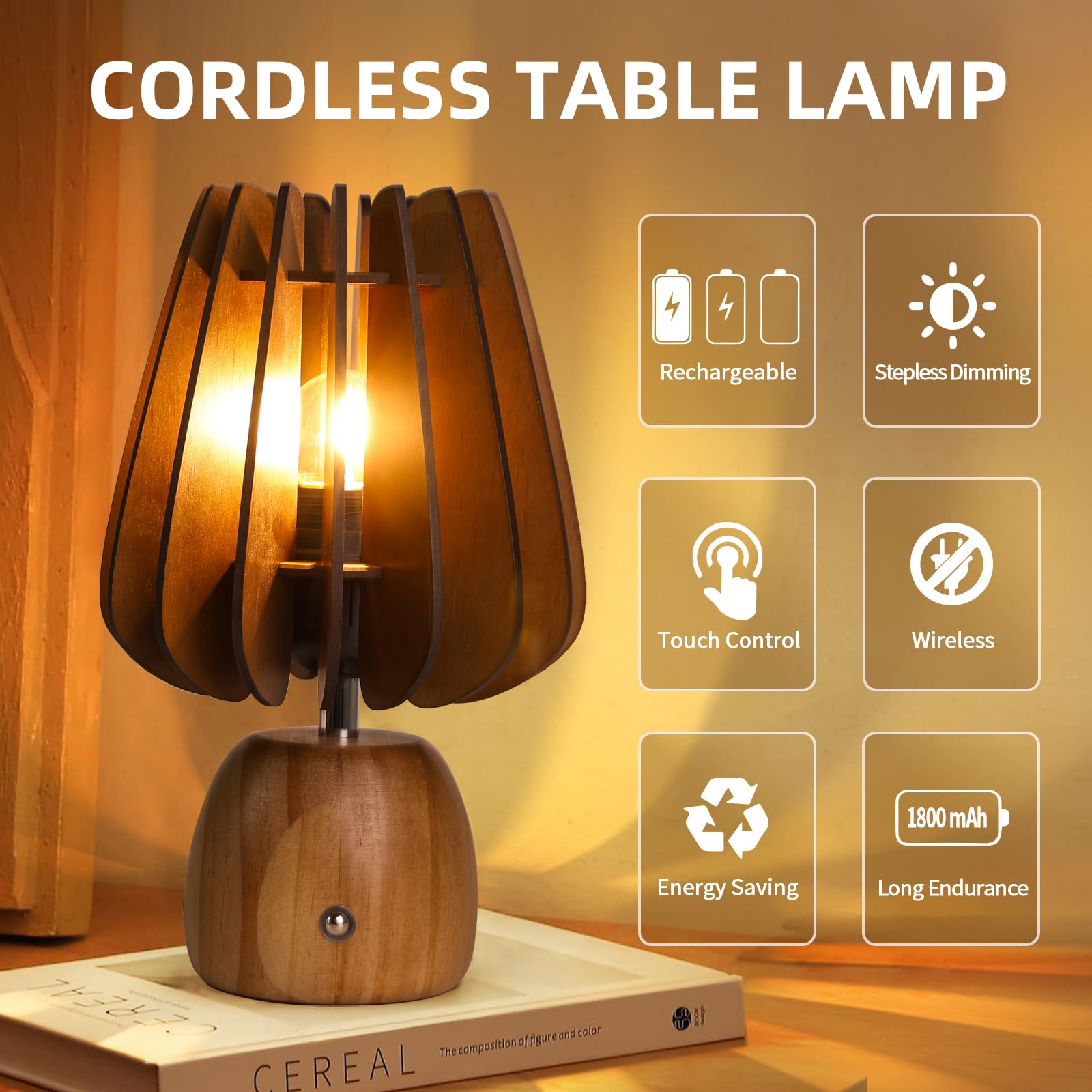 Mj Premier Rechargeable Table Lamp Cordless, Wooden Battery Operated Lamp With Touch Dimmer Switch - 1800Mah Mushroom Touch Lamp Wireless, Table Lamp For Bedroom/Livingroom/Bathroom/Kitchen/Corner/Entryway