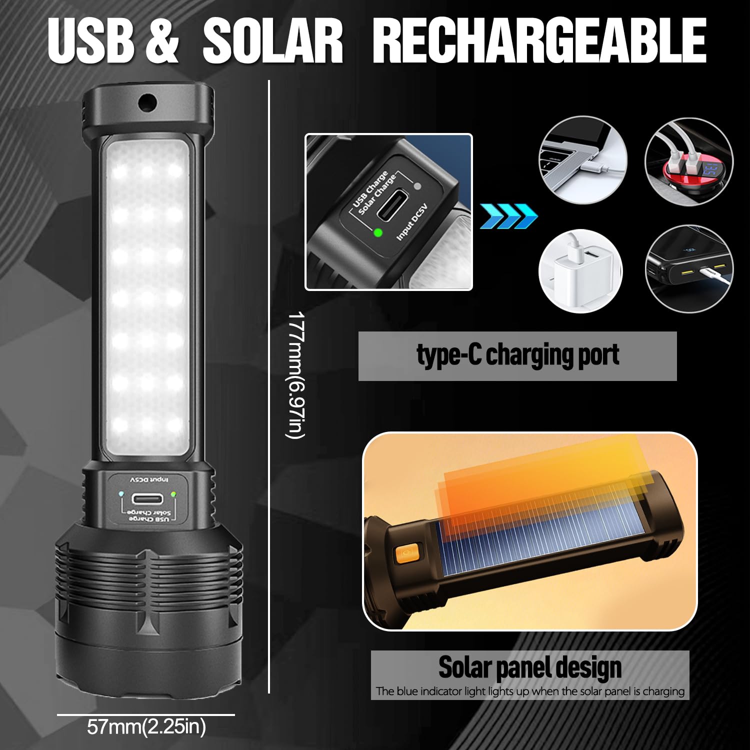 Mviocs 2 Pack Led Solar Flashlight Rechargeable, 2000L High Lumens Led Solar Flashlights, Super Bright Flash Light Waterproof,Adjustable Brightness,Long Lasting For Camping,Outdoors,Emergency