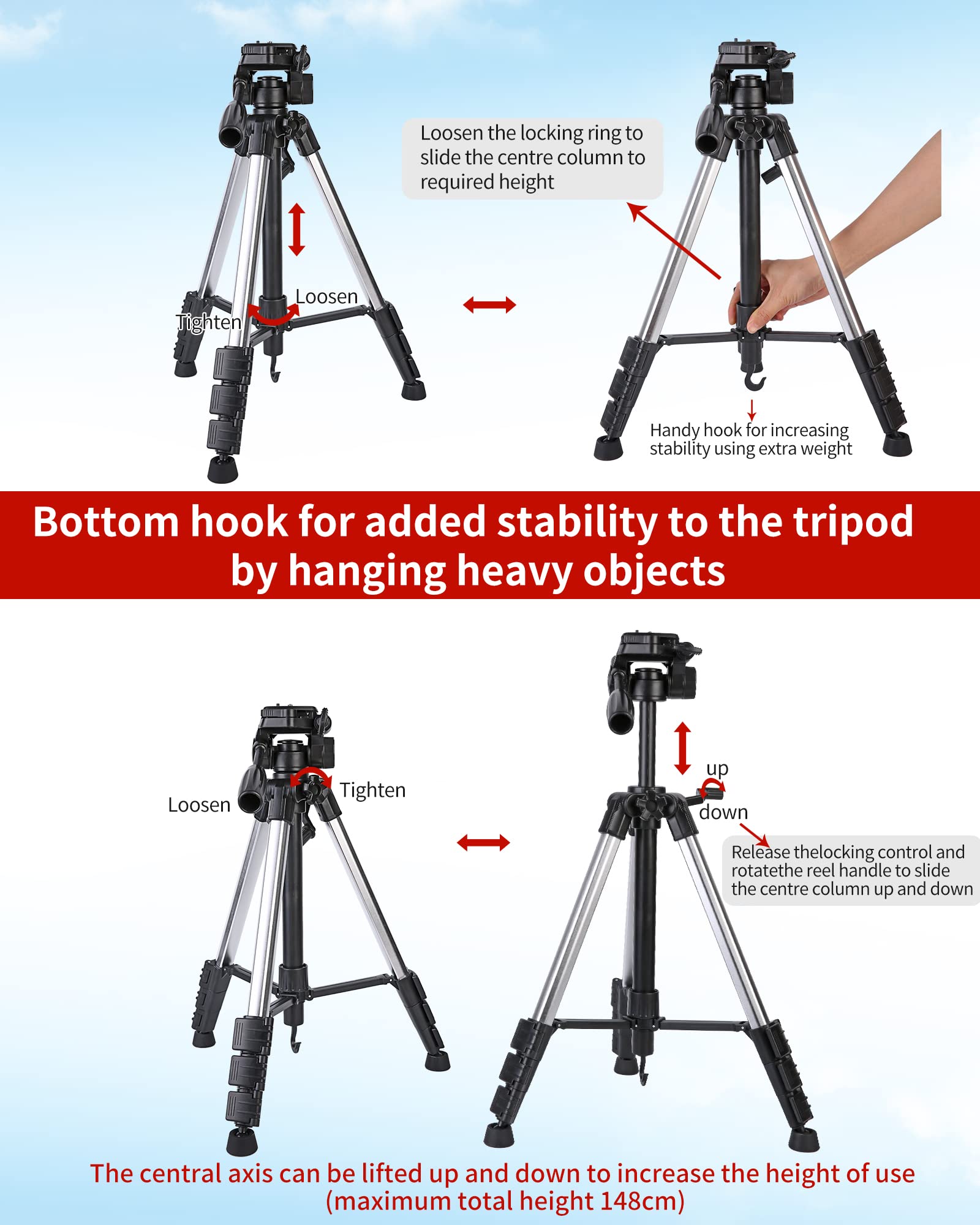 Mountain River Camera Tripod With Bag, 360° Panoramic Tripod Head,Quick Release Plate, Aluminum, Black