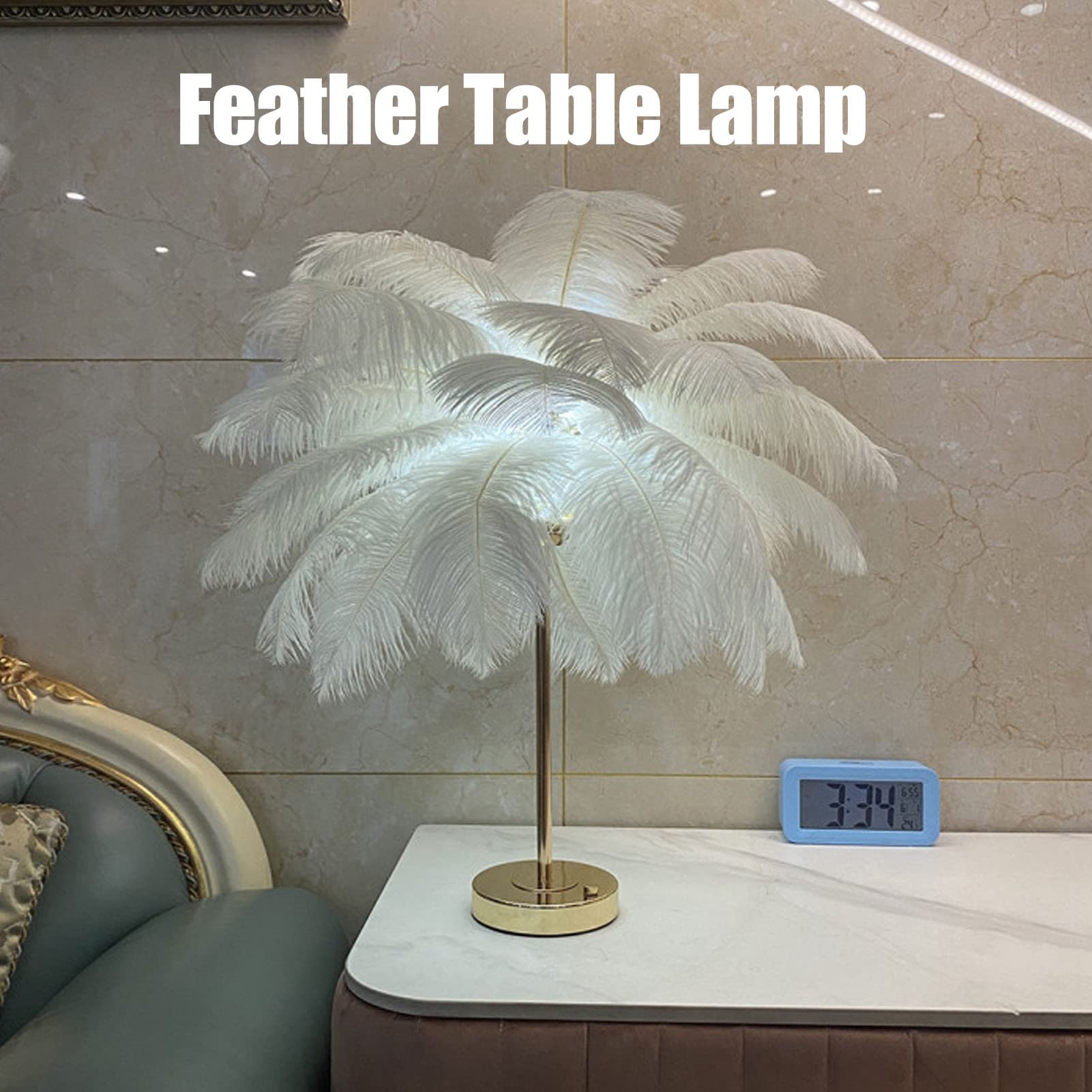 Juopzkenn Feather Table Lamp, Ostrich Feather Night Light Modern Bedside Desk Lamp Led Atmosphere Light For Living Room Wedding Bedroom