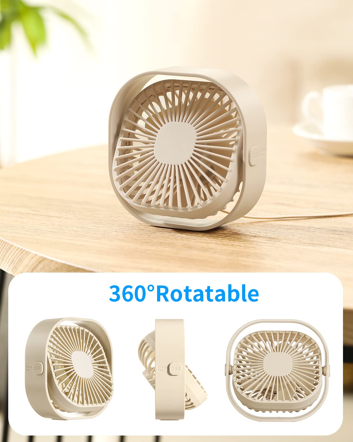 Rjvw 4 Inch Small Usb Desk Fan, 3-Speed Portable & 360°Rotatable Mini Cooling Fan, Usb-Powered
