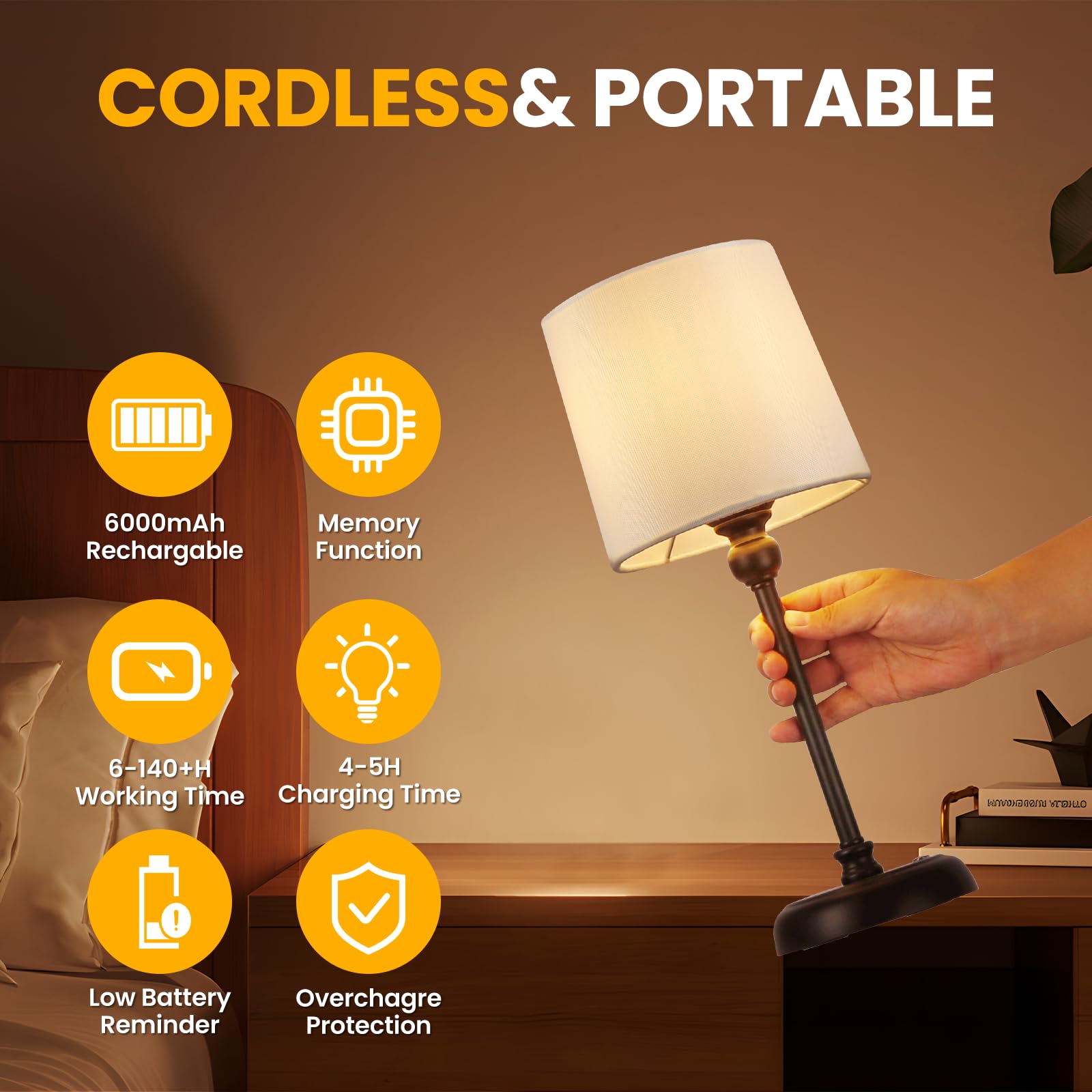 Kanweis Cordless Led Table Lamp, 6000Mah Rechargeable Battery Small Portable Bedside Lamp, Touch Stepless Dimmable Patio Ambient Table Light For Restaurant Office Bedroom(Black, High)