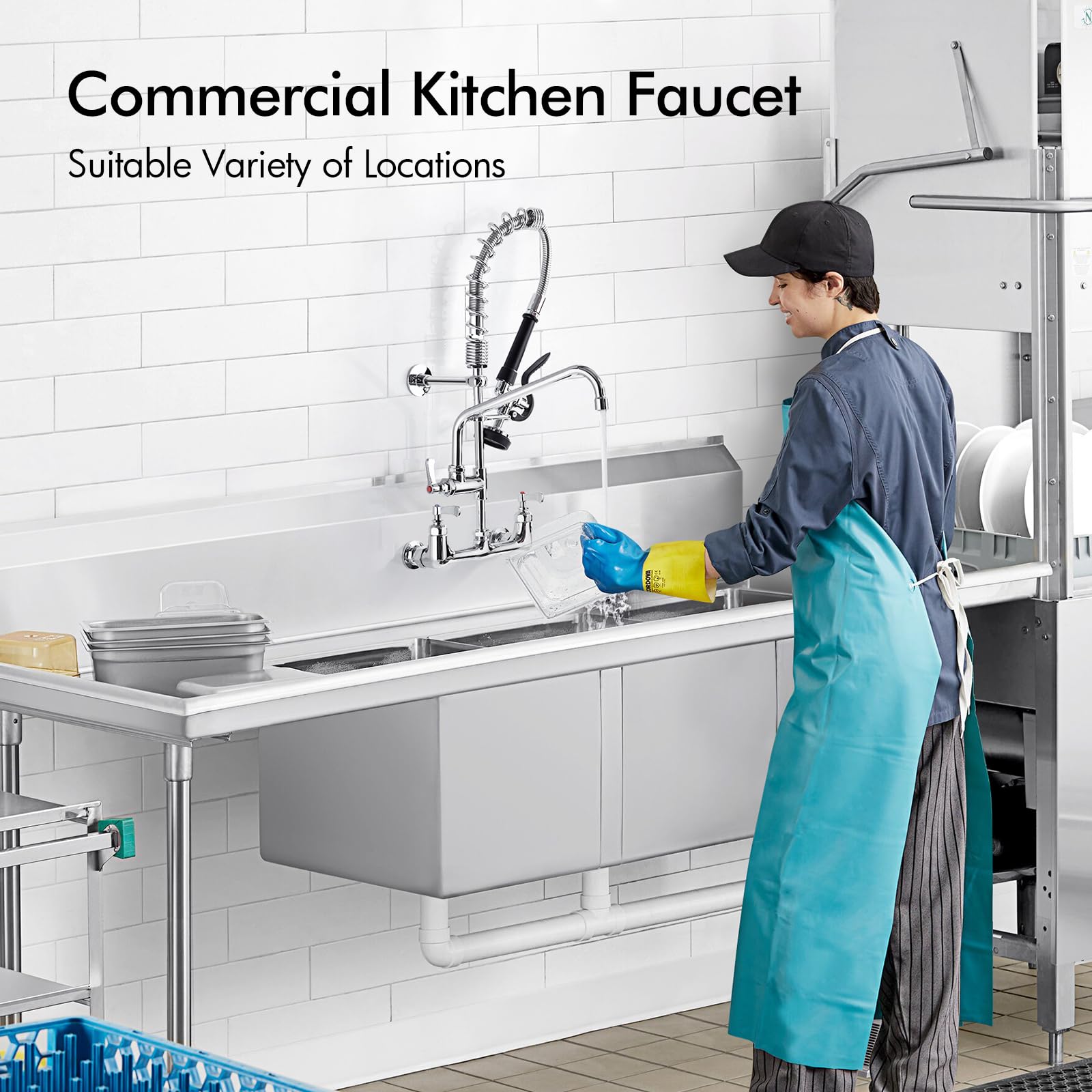 Bagnolux Commercial Sink Faucet, 8" Center Wall Mount Base With Pull Out Spray 9.6" Add-On Swing Spout 25" Height, Double Handle Pre Rinse Sprayer Commercial Rv Kitchen Faucet With Ceramic Valve