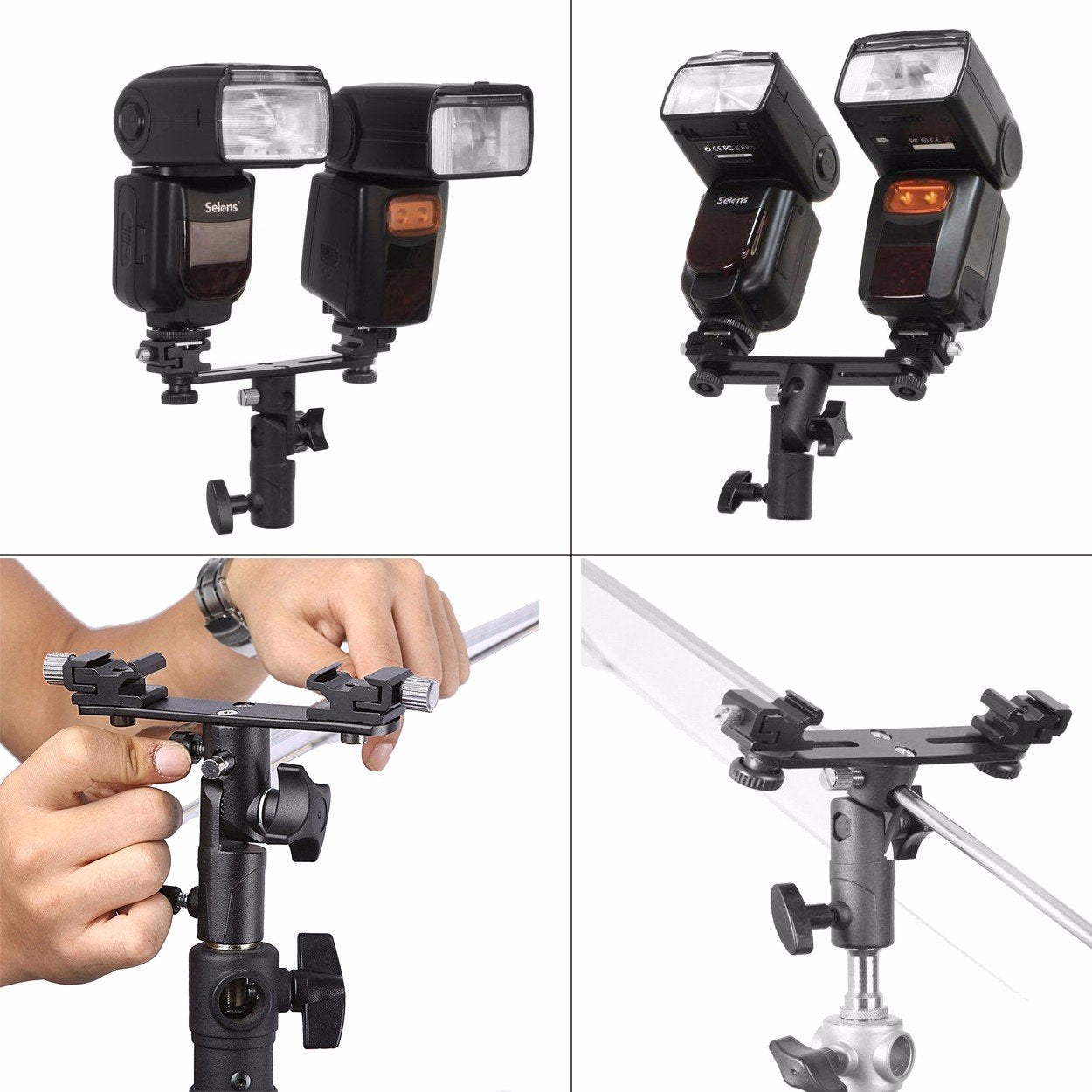 Exmax E2 Adjustable Double Flash Bracket Dual Hot Shoe Speedlight Stand Umbrella Holder Light Stand Bracket Mount 1/4" To 3/8'' For Studio Video Dslr Camera