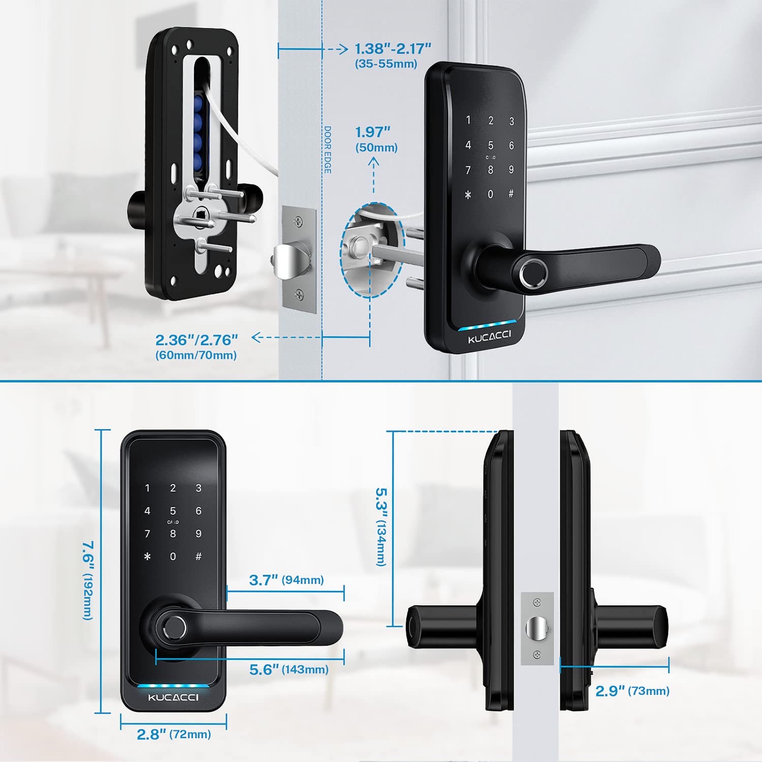Kucacci Smart Door Lock With Handle: Keyless Entry Digital Door Lock For Front Door - Fingerprint Keypad Smart Dnob - Generate Passcode Remotely - App Control - Easy Installation(Black)