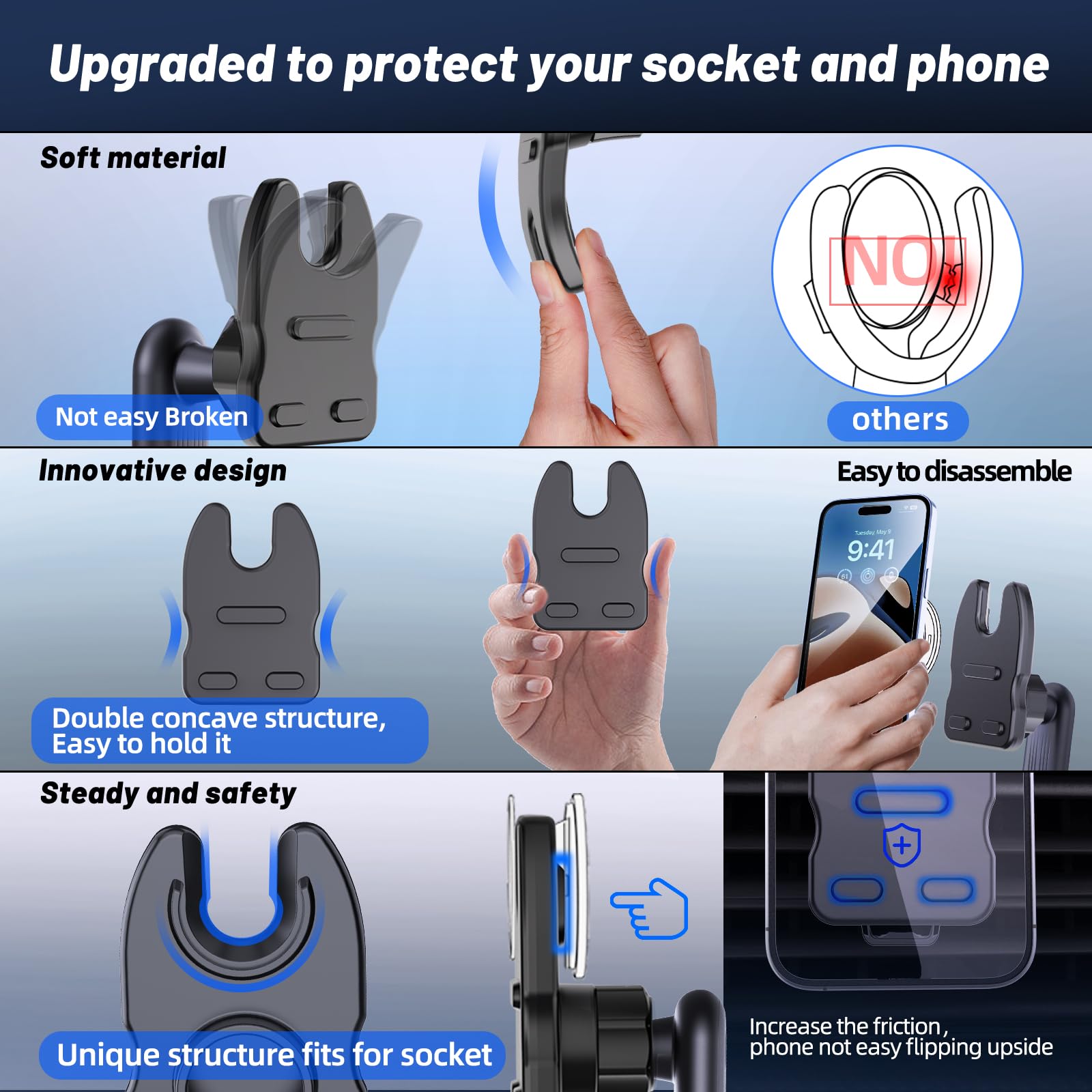Jcbakc Socket Car Mount For Car Vent [Never Blocking],360° Adjustable Air Vent Mount For Socket Grip，Air Vent Clip Car Phone Holder Fit For Phones With Socket