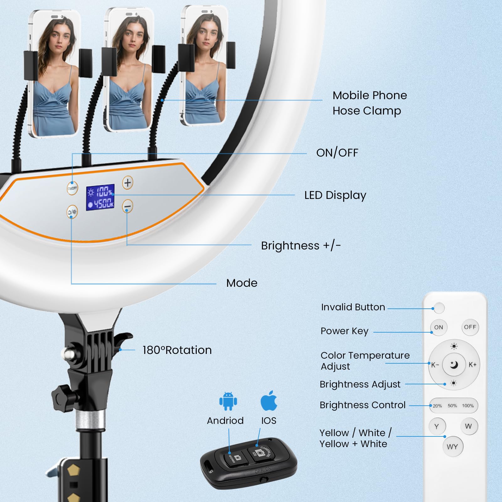 Mactrem 22'' Ring Light With 75'' Tripod Stand, Led Display/2 Usb Ports/6500K Dimmable Ring Light For Ipad Phone Holder For Tattoo Lash Live Makeup Video Recording Tiktok Barber Stylist Photography