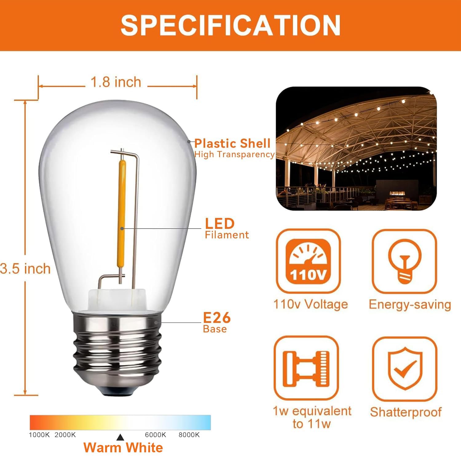 Tjoy 24 Pack Led S14 Replacement Light Bulbs,1 Watt Shatterproof & Waterproof For Outdoor String Lights, Warm White Edison Vintage Style, Equivalent To 11W Incandescent Bulbs, E26 Medium Screw Base