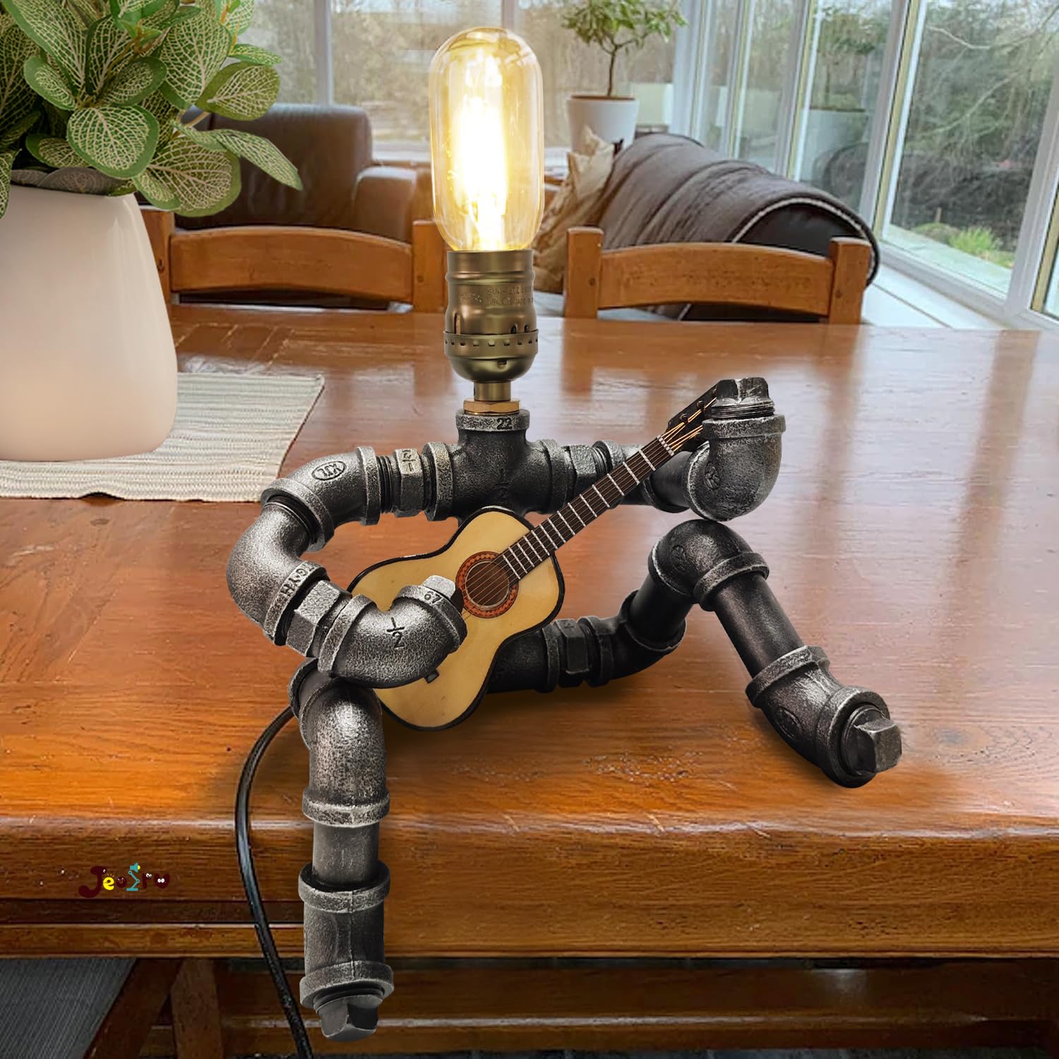Jeosrv Music Guitar Table Lamp Art Decor Guitar Stuff Cool For Music Art Lovers Microphone Players For Men Steampunk Pipe Man Edison Bulb Lamps Retro Guitars Metal Pipe Industrial Robot Lights