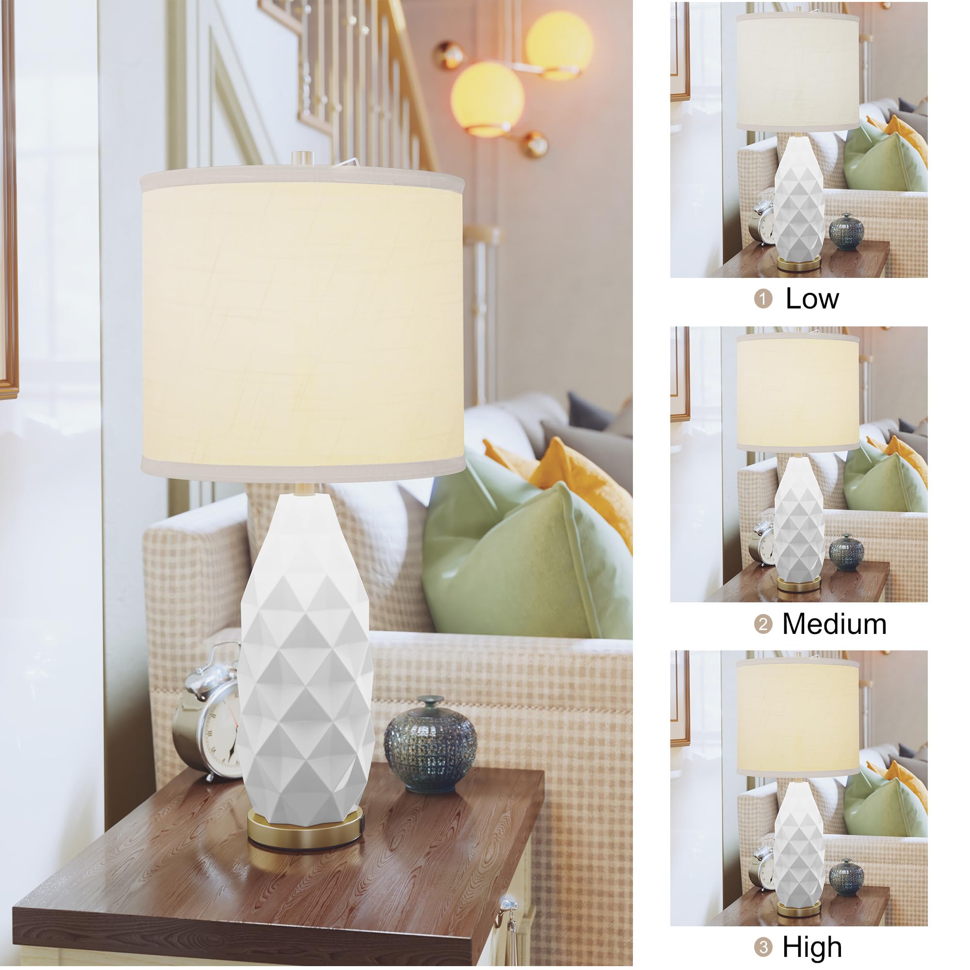 Mrojisc Table Lamps Set Of 2 With 2 Led Bulbs & Usb Charging Port, Bedside Lamps For Night Stands, 3-Way Dimmable Modern Side Table Lamp Set, Desk Lamp For Living Room, Bedroom, Entryway, Prism, White