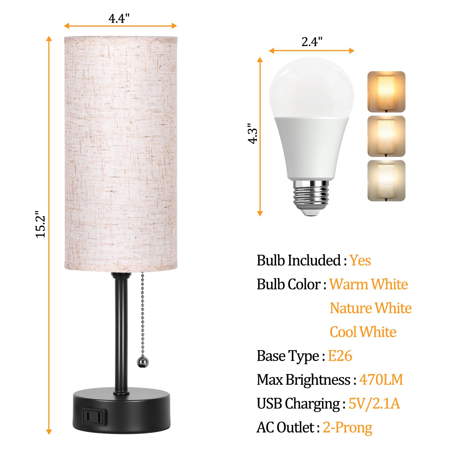 Dott Arts 15" Table Lamp For Bedroom, 3-Color Bedside Lamps With Pull Chain, Bedroom Table Lamps For Nightstand,Ac Outlet Small Lamp For Living Room, Bulb Included