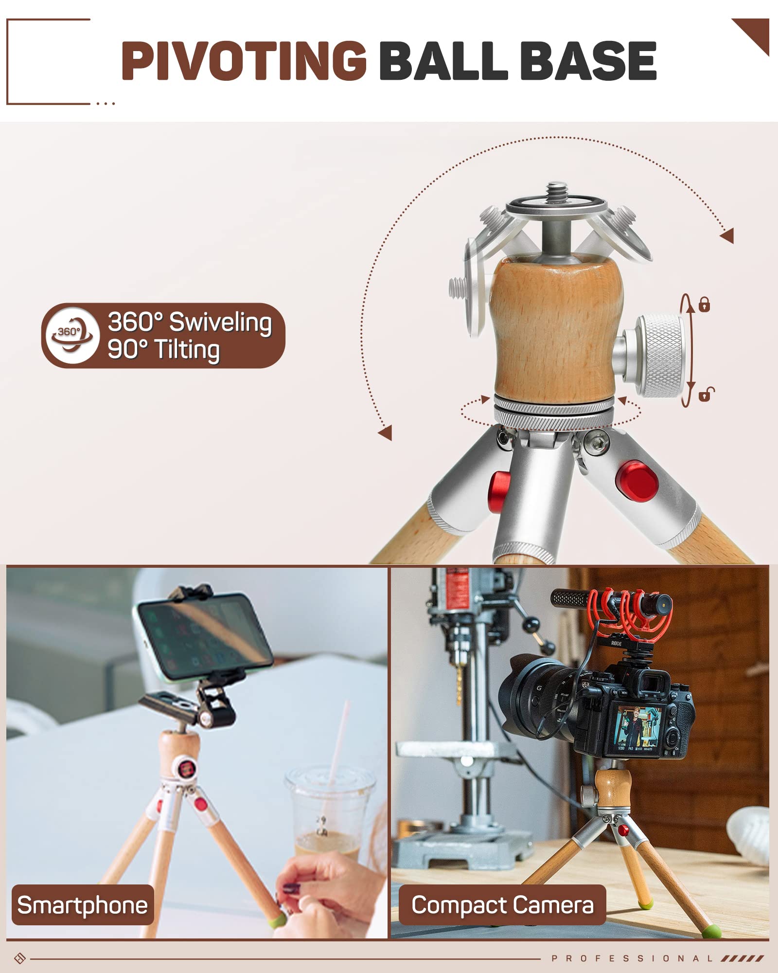 Ifootage Timberpod Mini Tripod, Small Camera Tripod With 1/4" Screw, Professional Tabletop Tripod For Dslr Camera, Mobile Phone And Action Cameras, Handheld Mini Tripod Wood（Sliver）