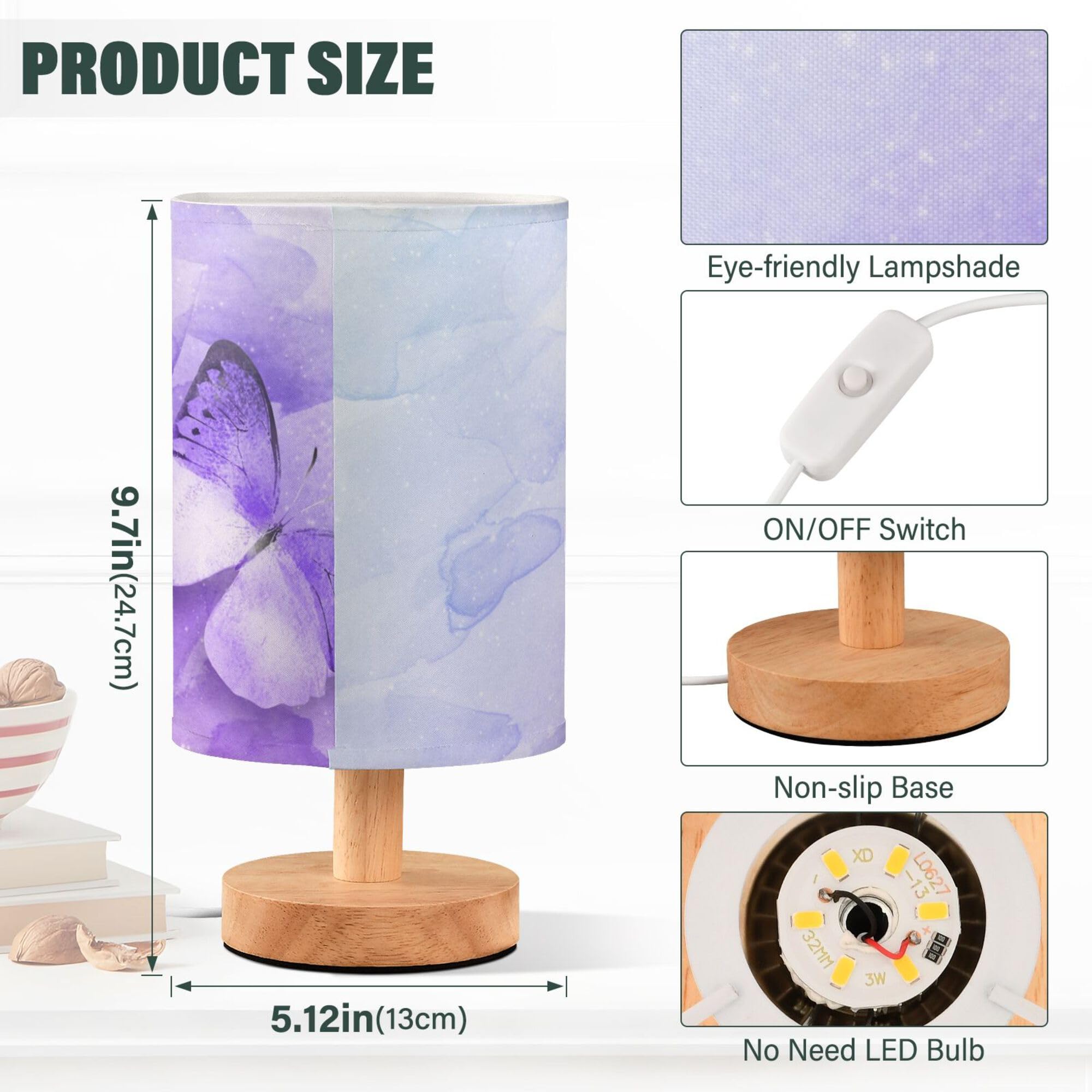 Yyzzh Table Lamp Watercolor Purple Butterfly Galaxy Nightstand Lamp With Wood Base Fabric Lamp Shade Bedside Desk Lamp For Living Room Bedroom Kids Room Office