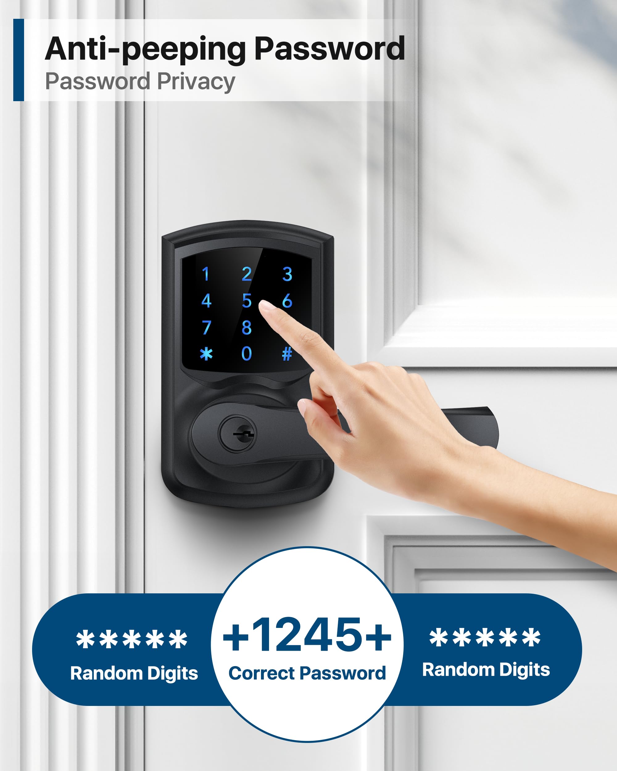 Hidalife Keyless Entry Door Lock With Keypad And Handle For Front Doors, Touchscreen, Anti-Peep Password, Auto-Locking, Matte Black