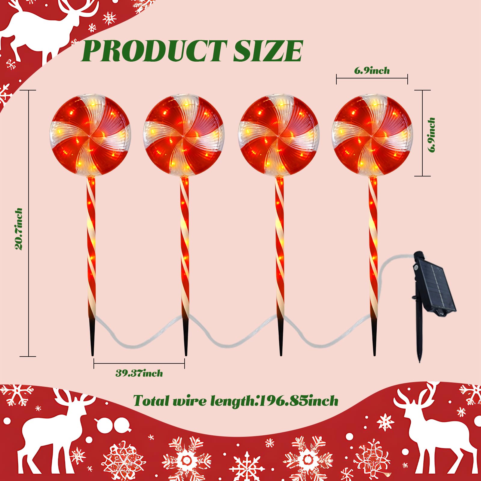 Lonfypeng Candy Christmas Decorations Pathway Outdoor Solar Lights, 29 Inches 80 Led Lollipop With 8 Modes Waterproof String, Outdoor For Yard Patio Walkway - 4Pcs