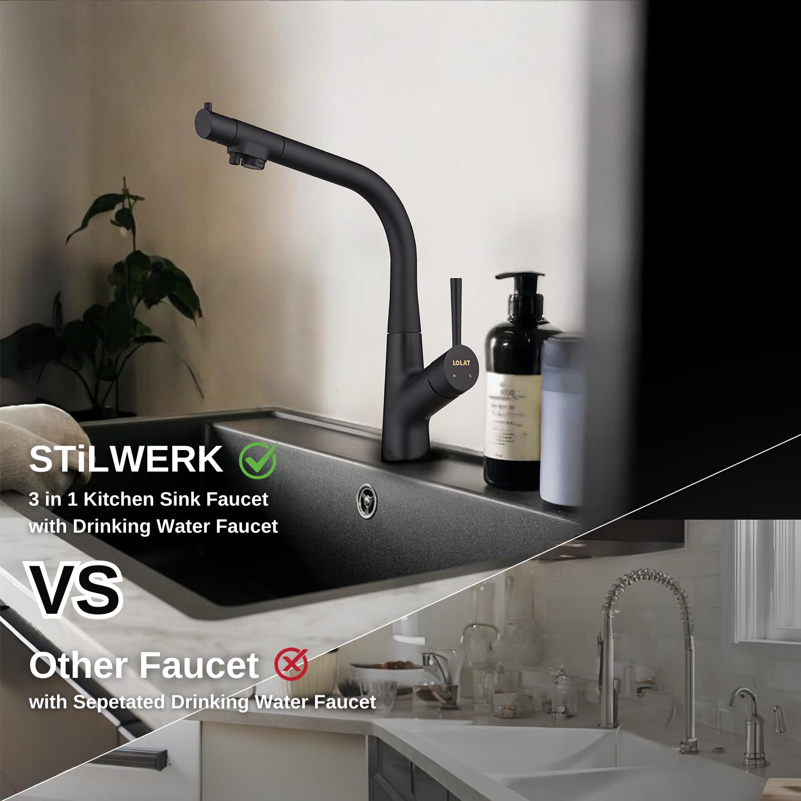 Stilwerk Creation & Living Stilwerk 3 In 1 Kitchen Sink Faucet Krp2258Lf-Z, 3 Way Kitchen Faucet, Cold And Hot Water Mixer Kitchen Tap, Brass Drinking Water Faucet, 360° Swivel, Lead-, Black