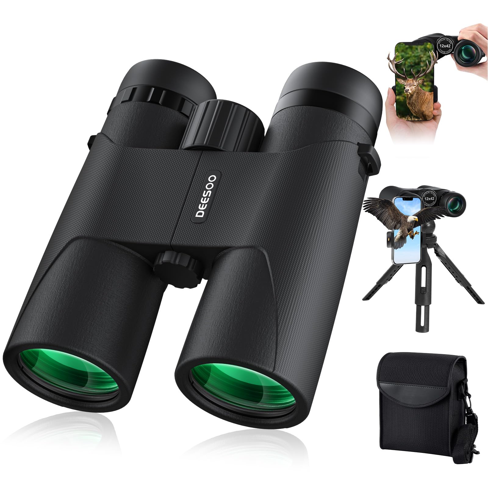 Deesoo 12X42 Hd Binoculars For Adults High Powered - Binoculars For Bird Watching With Large Field Of View - High Magnification Binocular With Phone Adapter, Plastic Tripod For Hiking Hunting