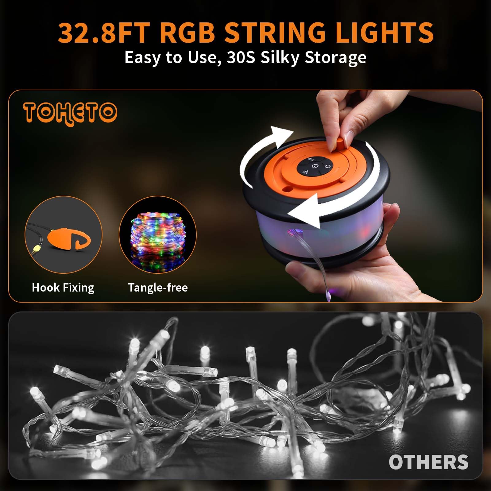 Toheto Camping String Lights, 3 In 1 Retractable Rgb Outdoor String Lights With 19 Lighting Modes,Quick 30S Recovery, 32.8 Ft Portable Tent Lights, Rechargeable Camping Lantern (Black&Orange)