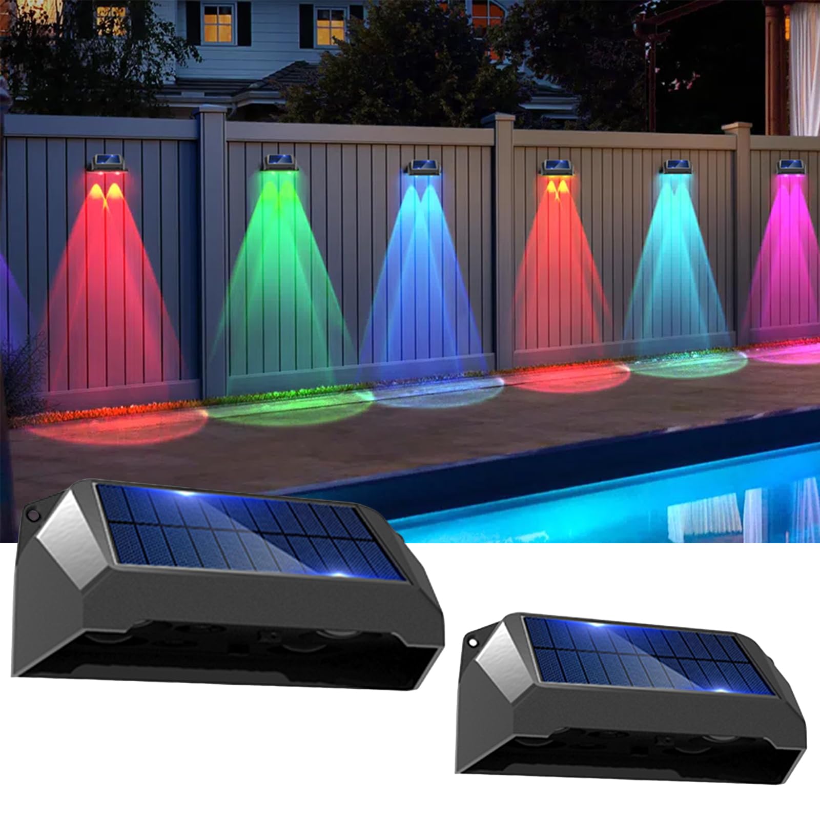 Strackvial Solar Fence Lights Outdoor, 2 Pack Step Light With 7 Colors, Ip65 Waterproof Solar Powered Lamp, Led Wall Lights For Backyard Railing Wall Step Patio Pool Decor (Colored Light - 2Pcs)