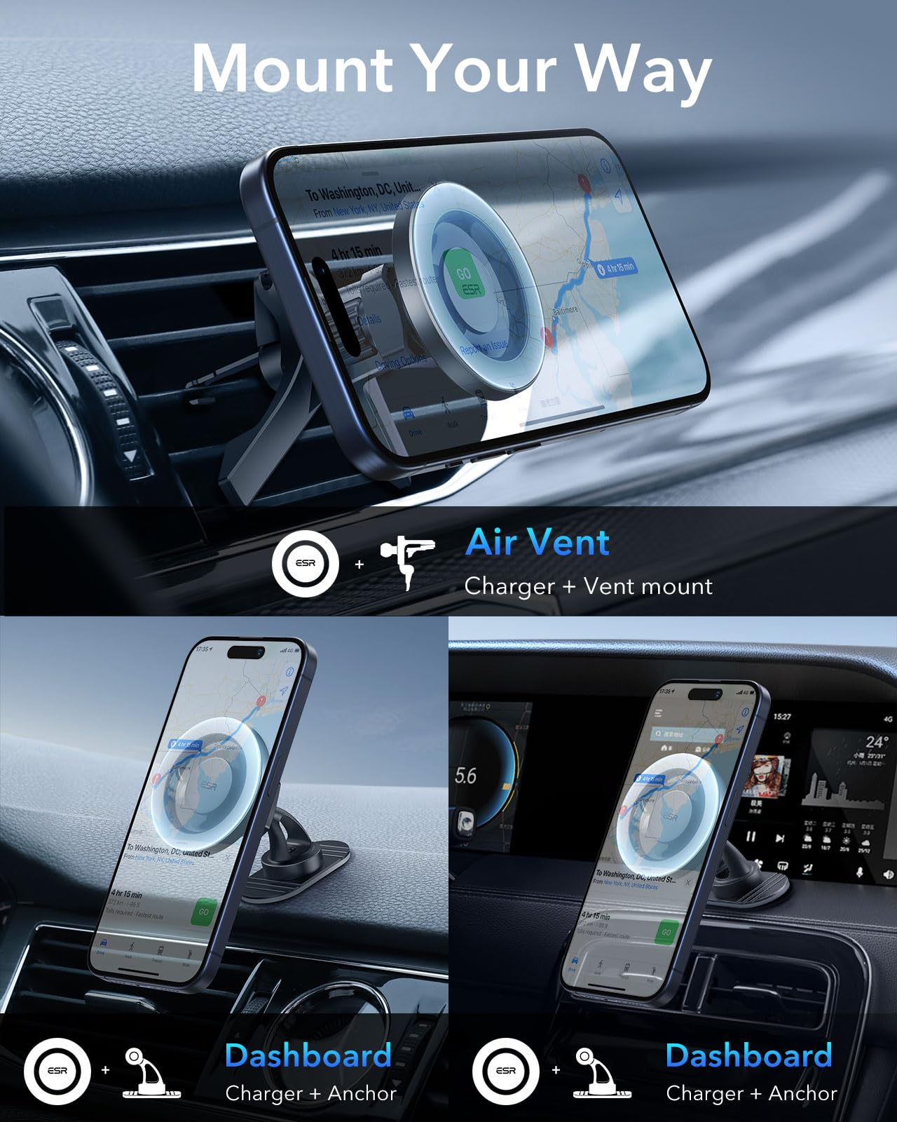 Esr For Magsafe Car Mount, Air Vent/Dashboard Magnetic Phone Holder For Car, Strong Magnets,Car Phone Holder Mount For Iphone 16/16E/15/14/13/12/Samsung/Android,All Smartphones(2 Metal Rings Included)