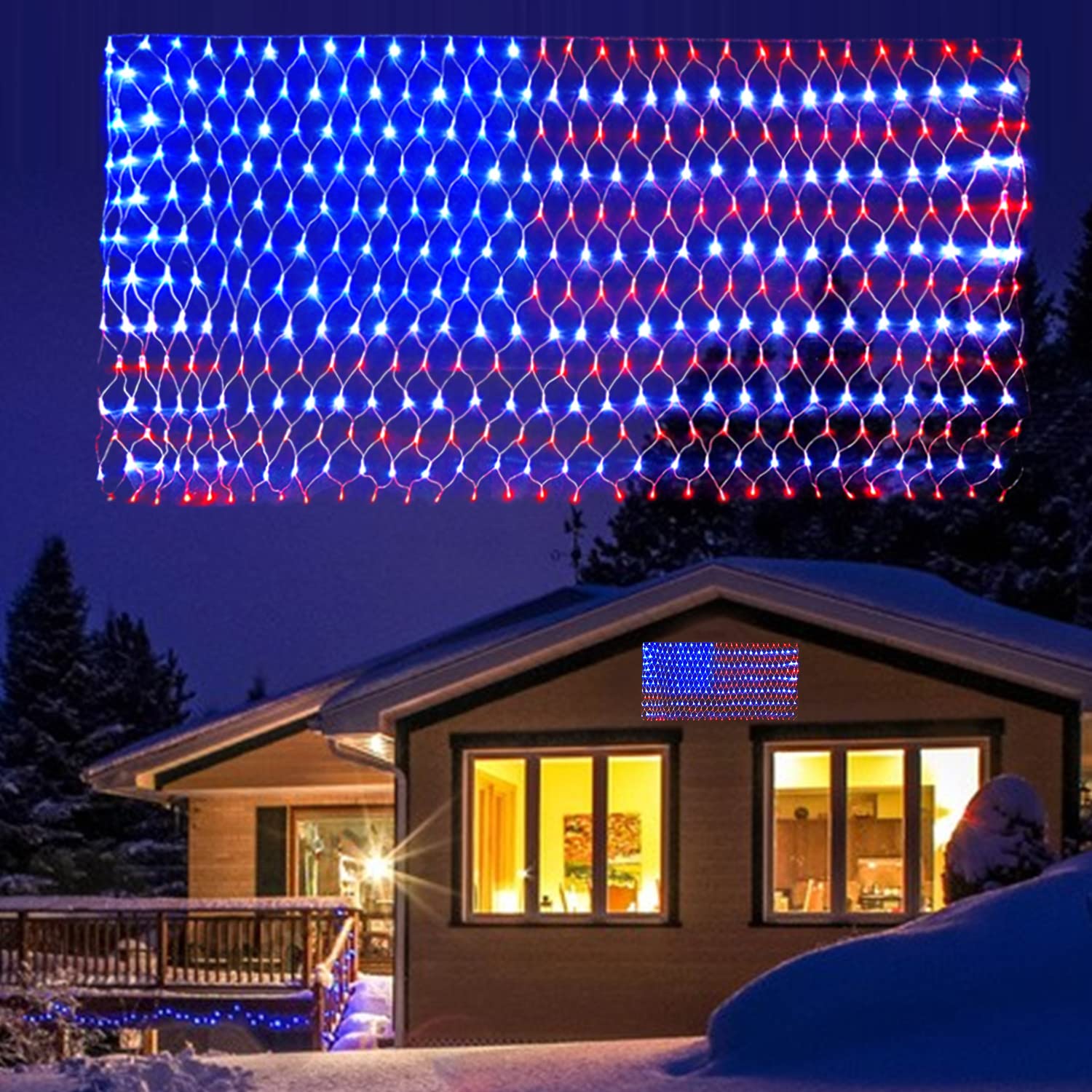 Henhui American Flag Lights,Hhui 420 Led Flag Net Light,Waterproof Flag String Lights Outdoor,Patriotic Ornaments For Independence/National Day July 4Th Memorial Day Halloween Christmas Day, 110V-Plug In