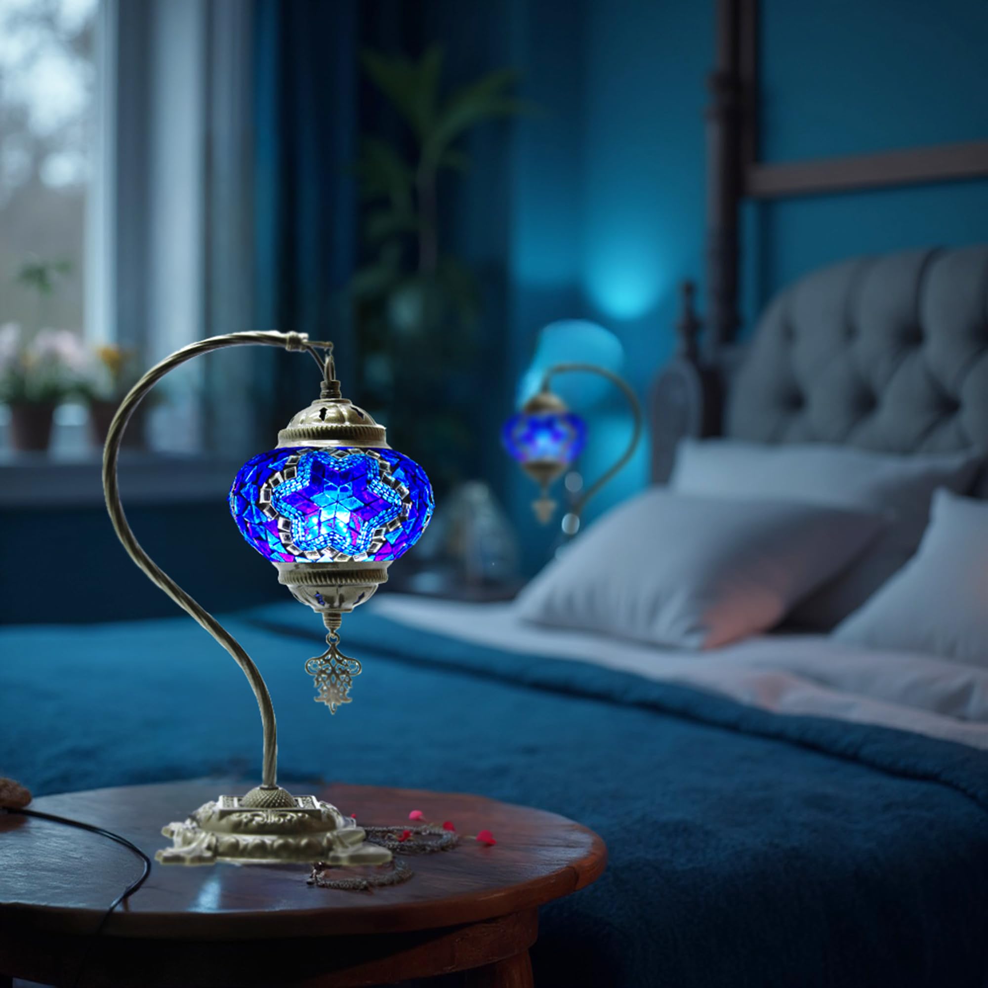 Byturkishlamps Turkish Mosaic Handmade Blue Lamp, Moroccan Swan Neck Table Tiffany Boho Lamps, Bedside Bohemian Rustic Gooseneck Light For Bedroom, Living Room Us Plug & E14 Socket (Azure Glow)