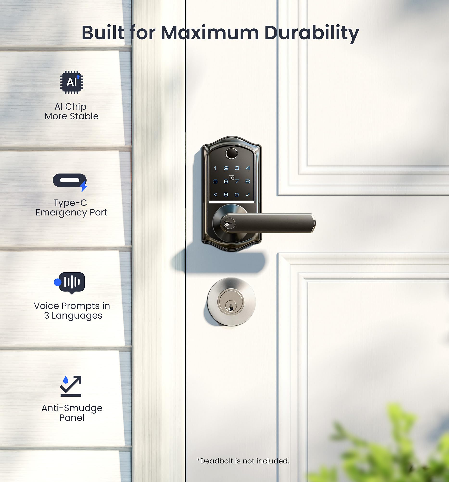 Veise Ve019 Fingerprint Smart Lock, 7-In-1 Keyless Entry Door Lock With Handle, App Control, Remotely Grant Access & Code, Electronic Keypad Smart Knob For Front Door, Easy Installation, Matte Black