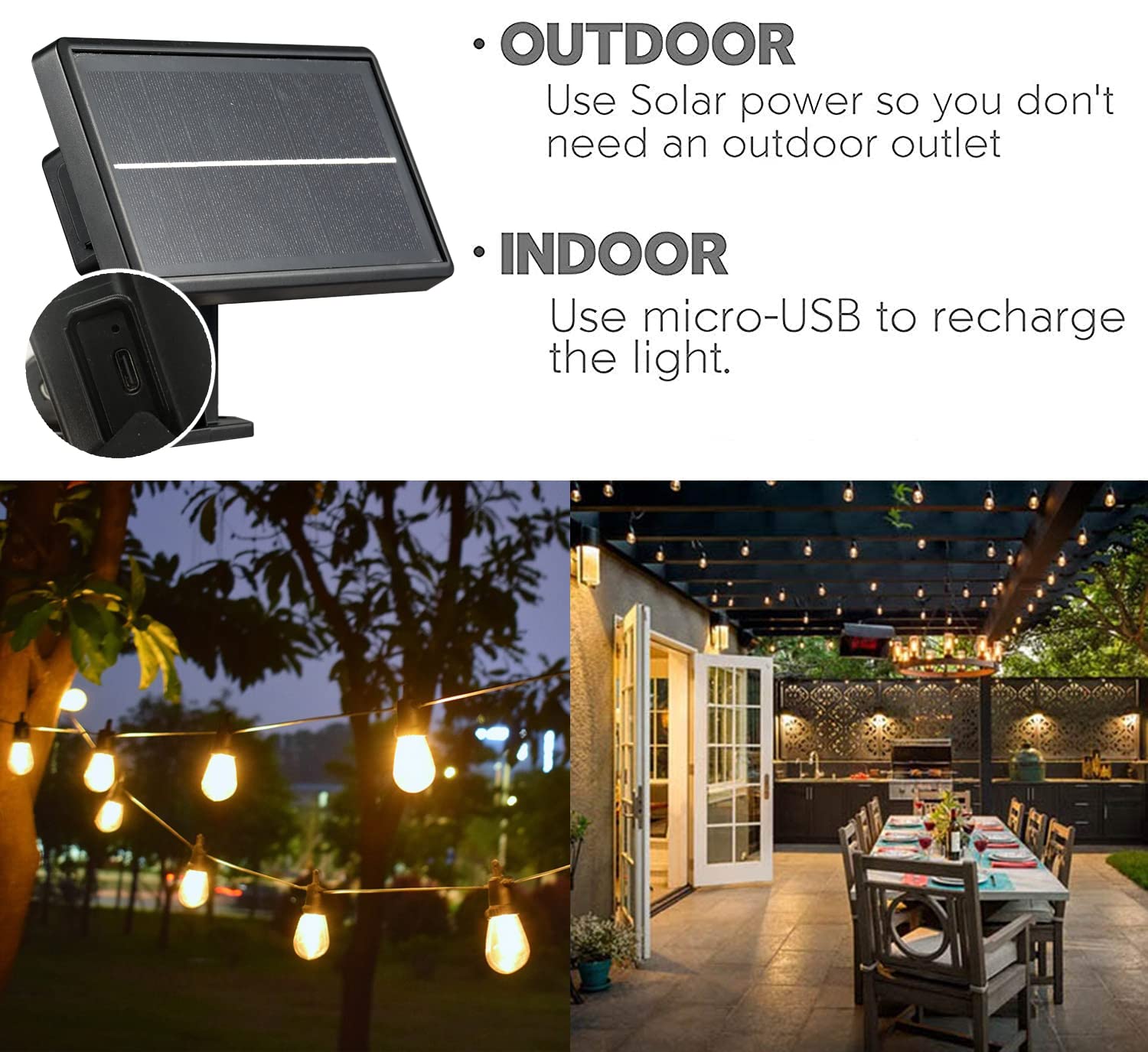 Sunthin 24Ft Solar String Lights, Usb Rechargeable Solar Outdoor Lights With Waterproof & Shatterproof Led Bulbs For Patio, Porch, Garden, Deck, Bistro, Cafe, Camping