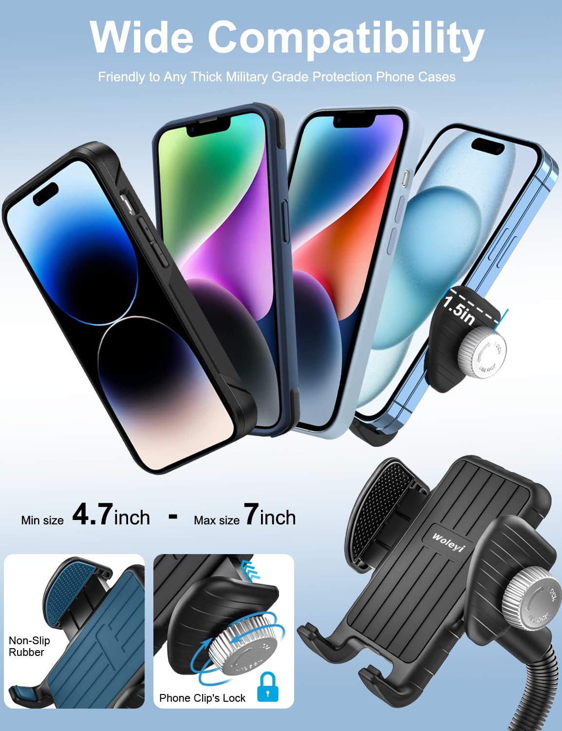 Woleyi Gooseneck Phone Holder For Wheelchair, Stroller, Golf Cart, Boat, Mic Stand, Indoor Cycling Bike, Gym Bicycle Handlebar Clamp, Compatible With Iphone 16 Pro Max/15/14/13/12, Android And All Smartphone