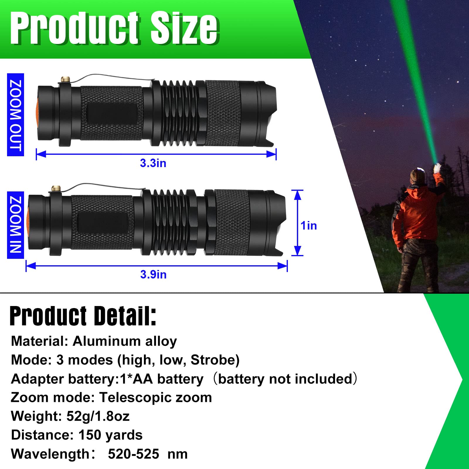Honoson 4 Packs Hunting Light Flashlights Led Torch With 3 Modes Led Zoomable Scalable Light Flashlight Torch For Fishing Hunting Night Observation, Batteries Not Included(Green)