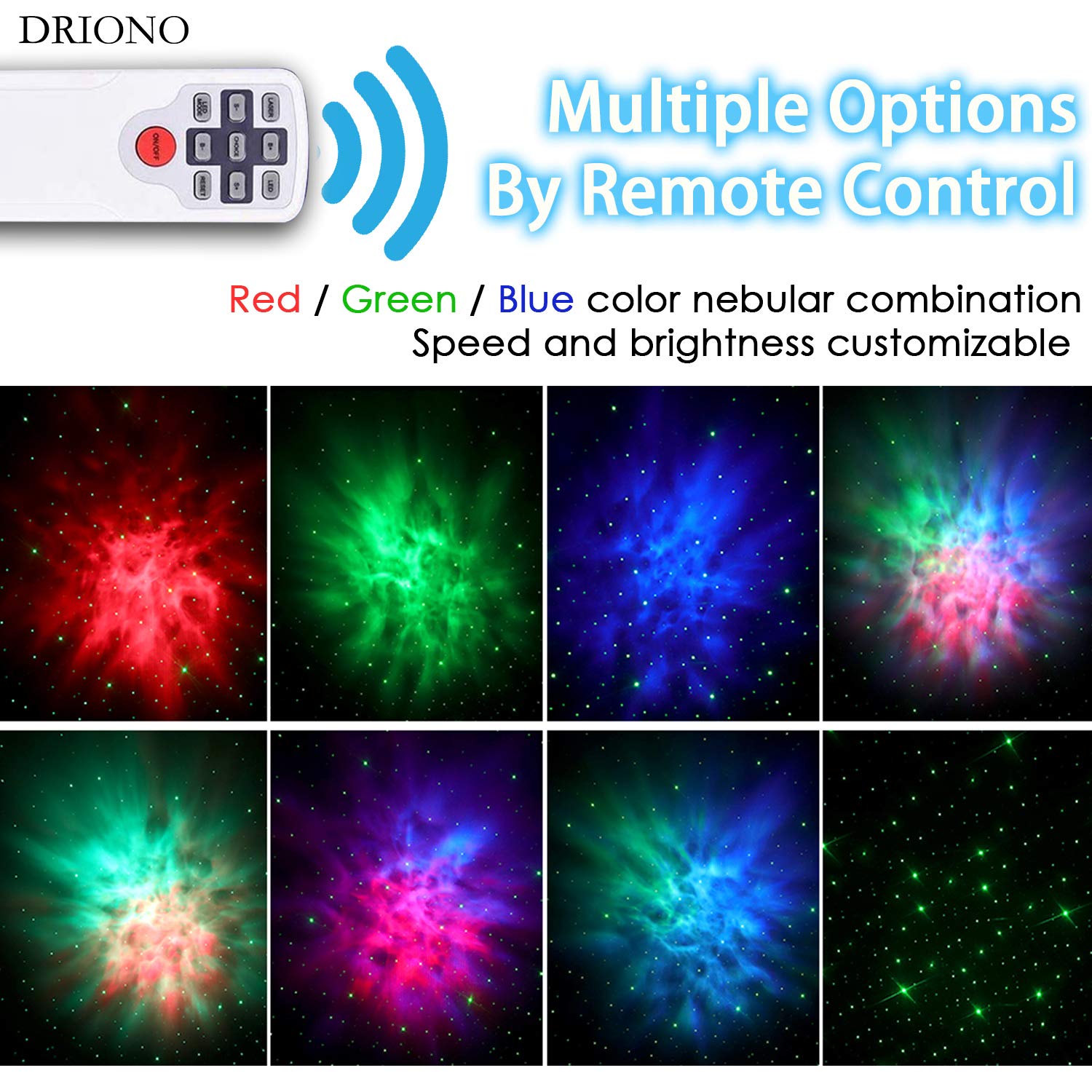 Driono Starry Night Light Projector – Remote Control Rotating 7 Color Modes Optional Galaxy Night Light Nebular Cloud And Star Projector, Rbg/Speed/Brightness Adjustable