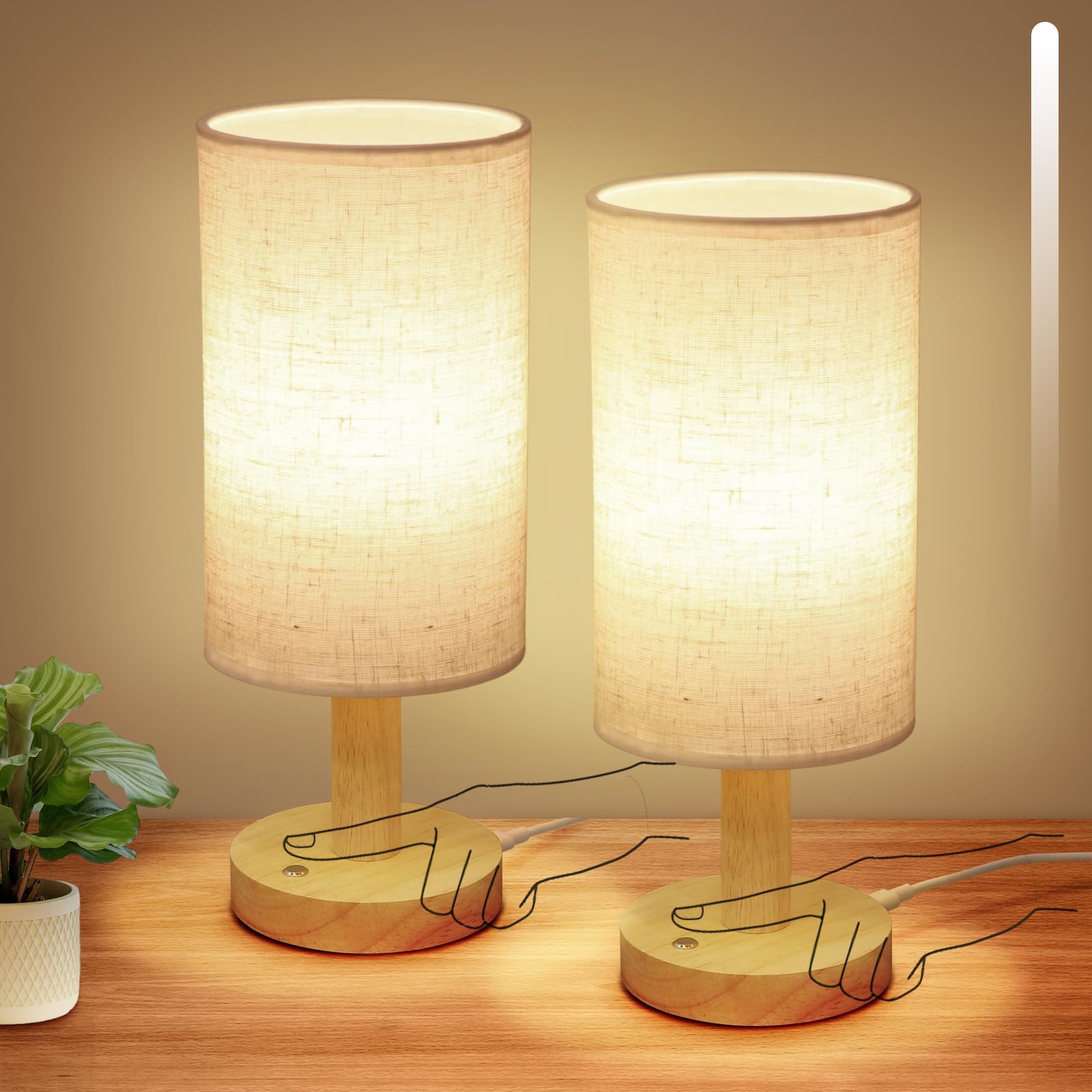 Uchenton Small Cordless Touch Table Lamps Set Of 2 With Stepless Dimming, Natural Wood Base & Linen Fabric Shade,Wireless Battery-Powered Ambient Night Lights For Bedroom, Bedside, Nightstand,Room, Nursery