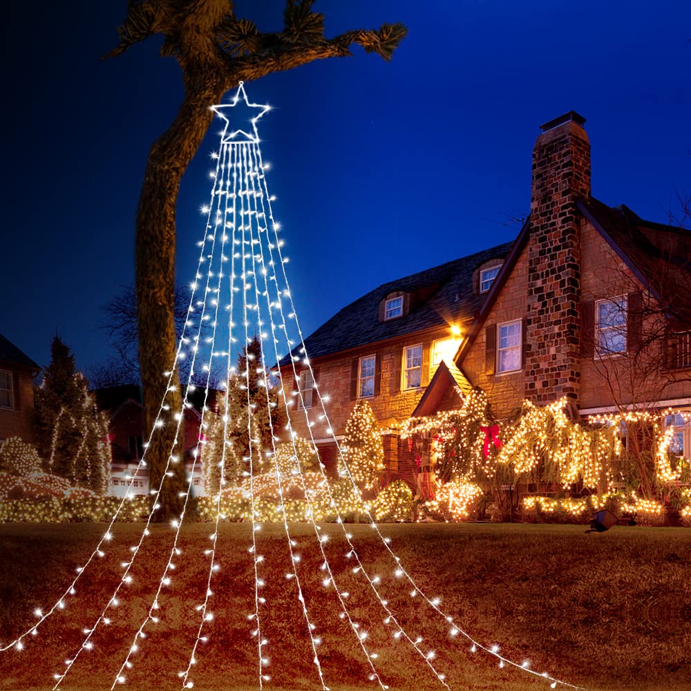 Miniao Christmas Decorations Star String Lights, 320 Led Waterfall Tree Lights With 13" Topper Star 8 Lighting Modes Indoor Outdoor Decorative For Year, Holiday, Wedding, Party