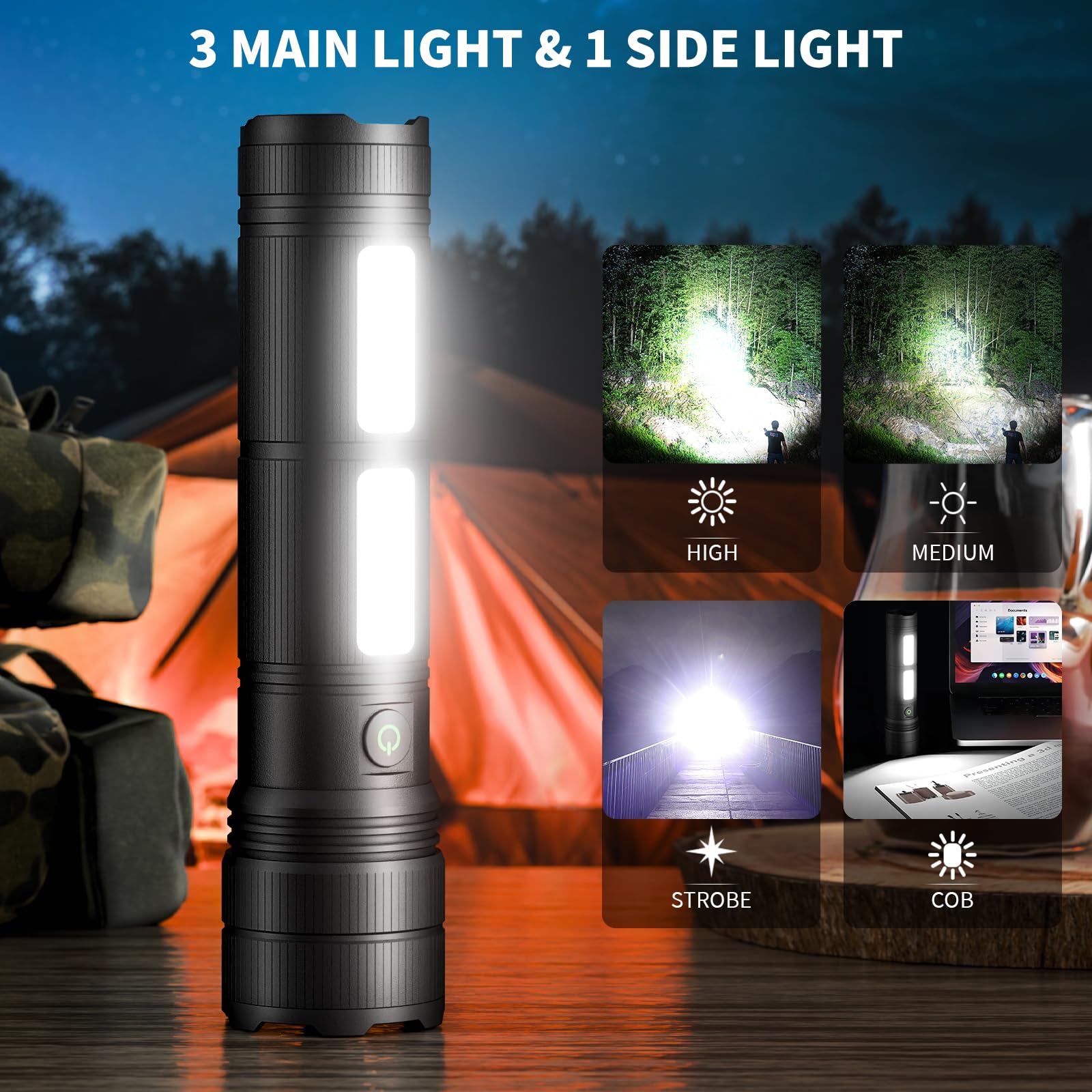 Kingcaesar Rechargeable Flashlights 1000000 High Lumens, Super Bright Flash Light With 2 Cob Light, High Powered Led Flashlights With 4 Modes, 7200 Mah & 24 Hours, Ipx7 Waterproof For Outdoor, Home