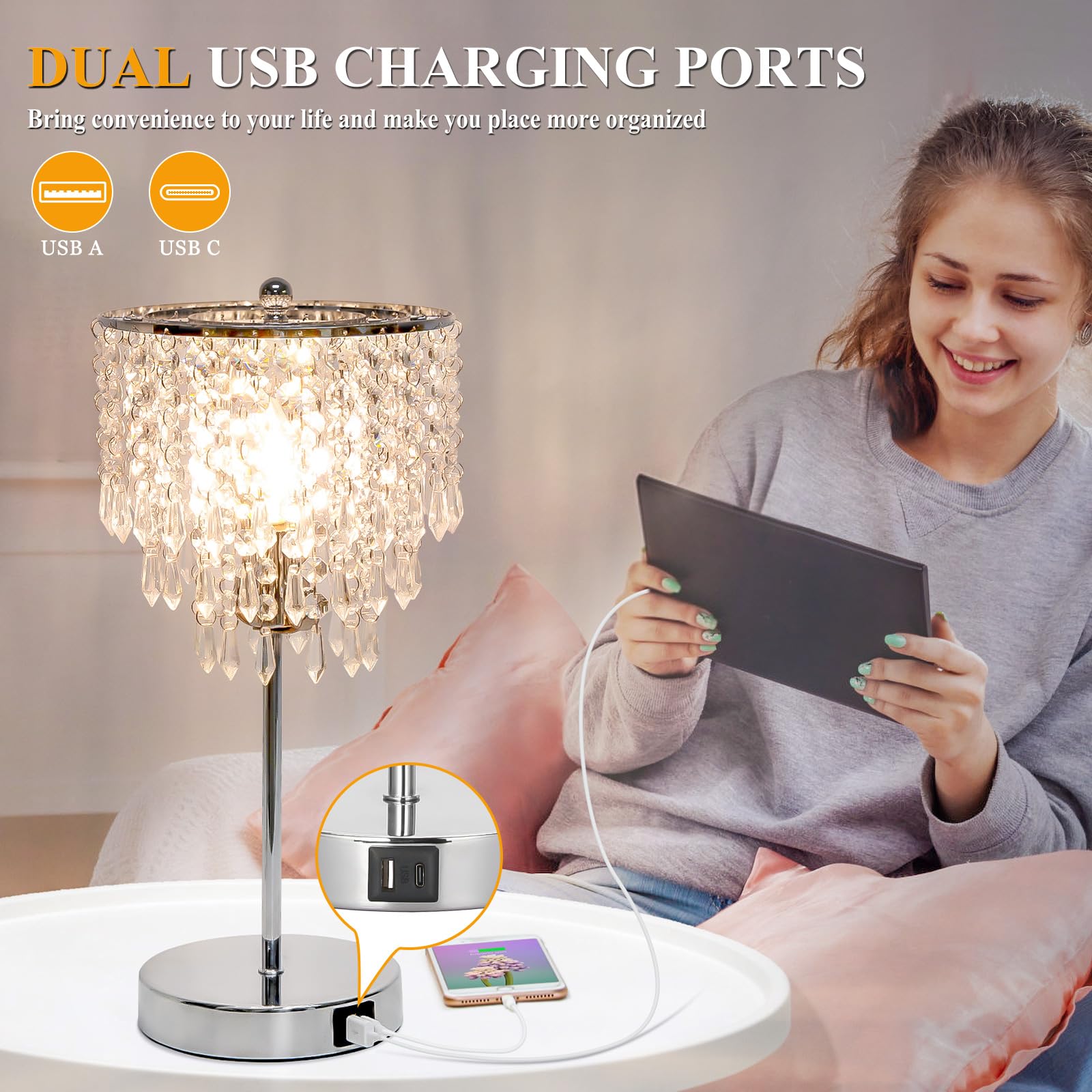 Seaside Village Touch Control Crystal Table Lamp With Usb C+A Charging Ports, 3-Way Dimmable Bedside Touch Lamp Decorative Nightstand Lamp With Elegant Lamp Shade For Living Room Bedroom, B11 Led Bulb Included