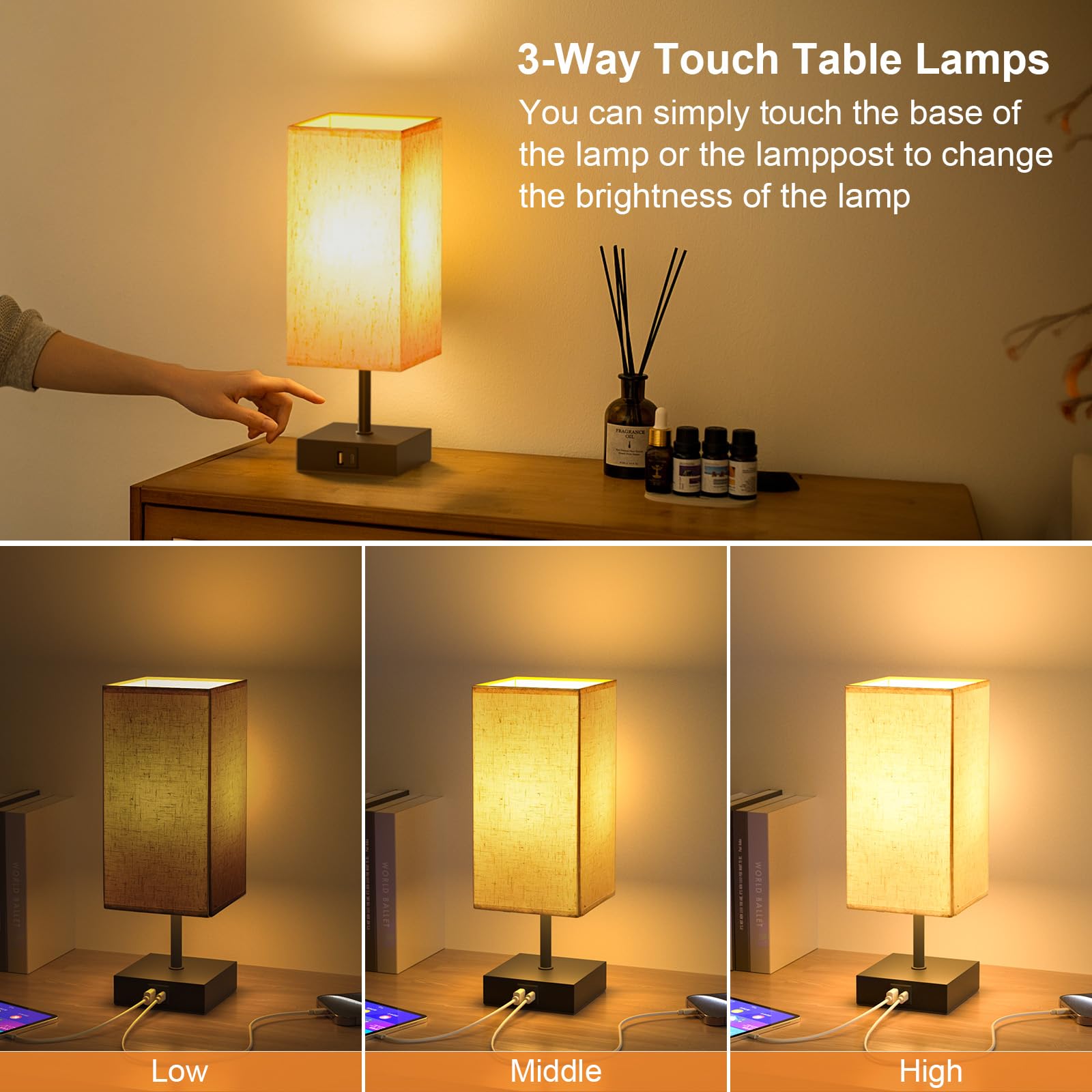 Comzler Bedside Lamp, Touch Control Table Lamp For Bedroom, Small Nightstand Lamp With 3 Way Dimmable, Usb-C + A Ports For Bedroom, Home Decor, Living Room, Led Bulbs Included, Fabric Shade